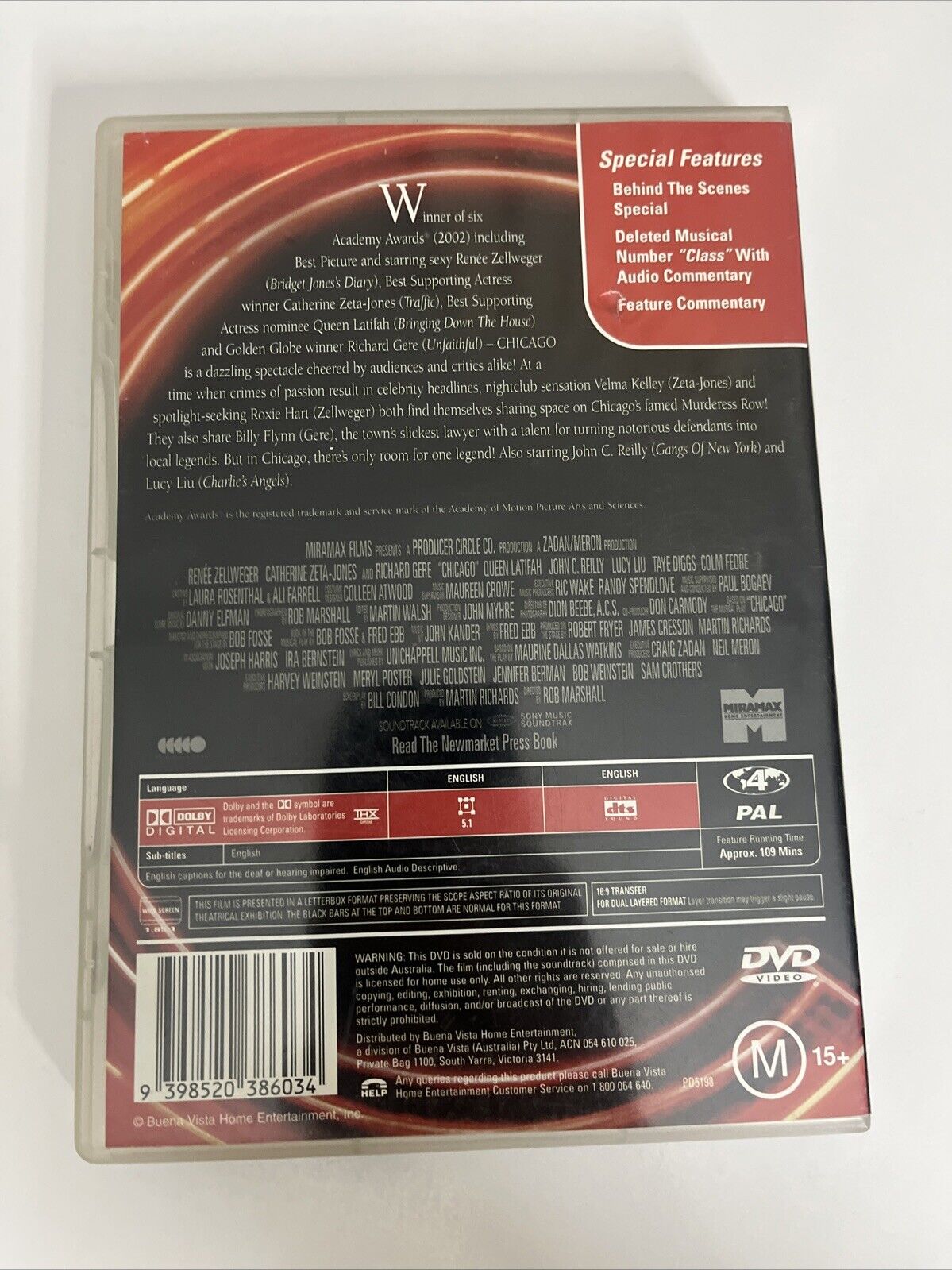 Chicago (DVD, 2002) Richard Gere, Renee Zellweger, Catherine Zeta Jones Region 4