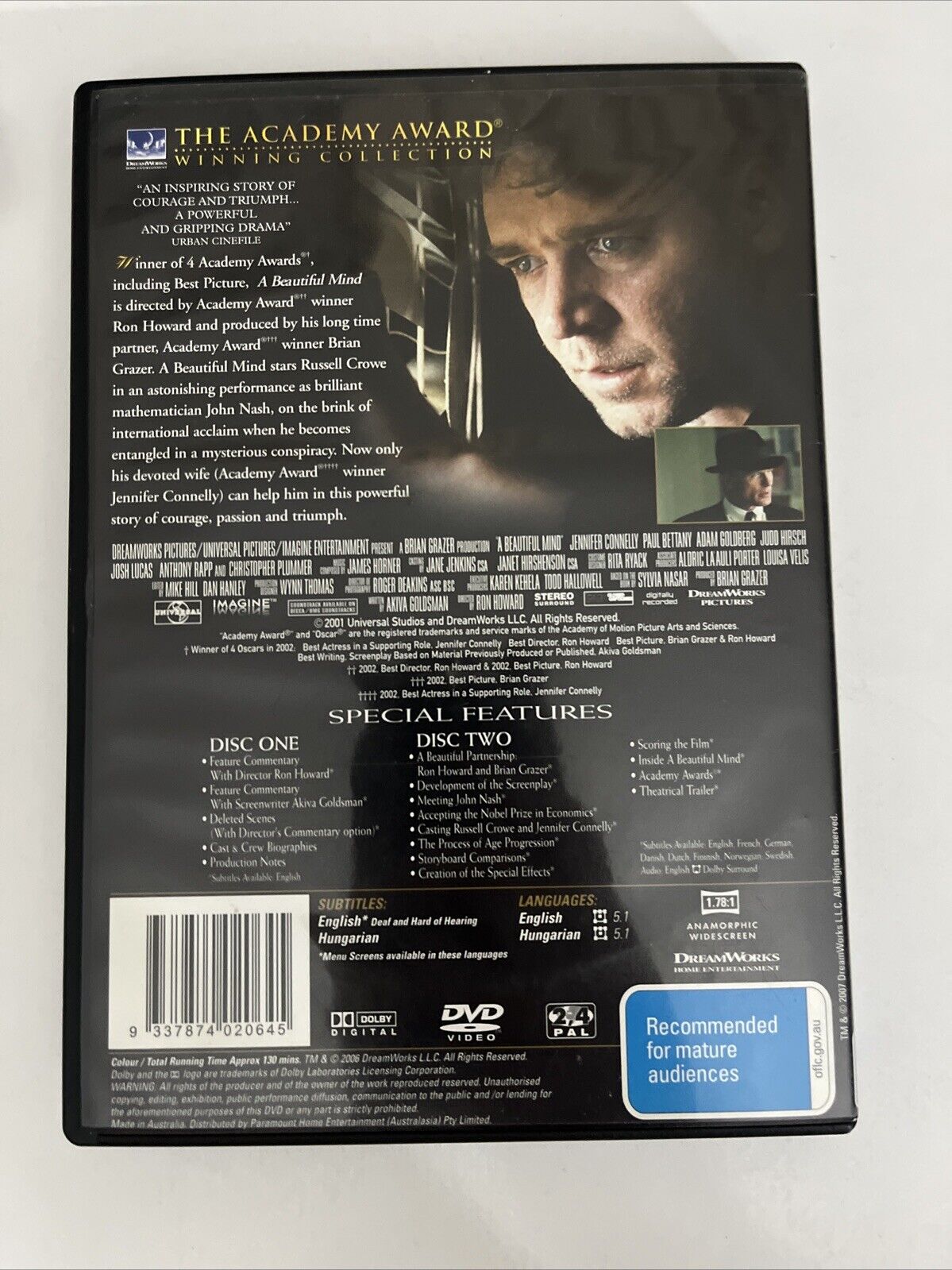 A Beautiful Mind (DVD, 2001, 2-Disc) Russell Crowe, Jennifer Connelly Region 4