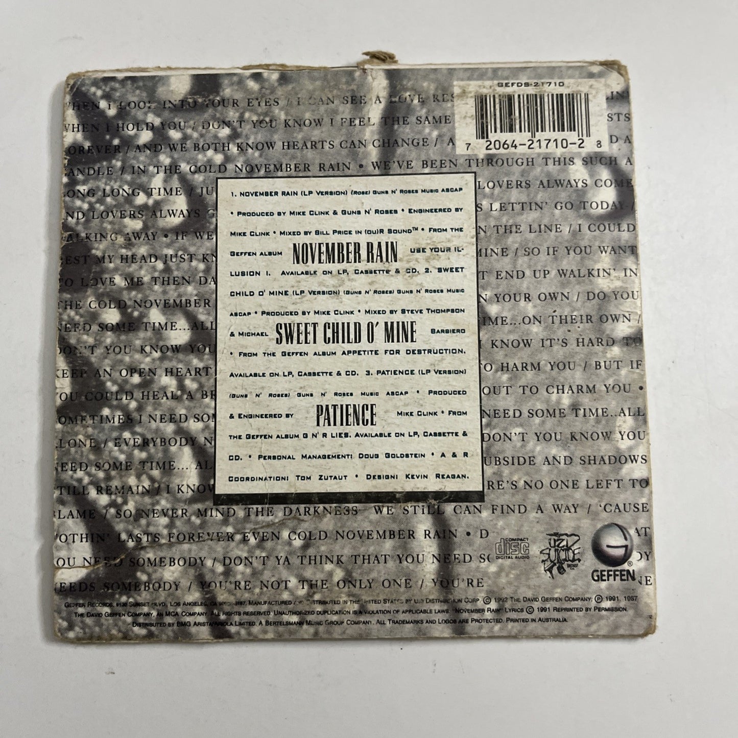 Guns N' Roses – November Rain (CD, 1992) Australia Single GEFDS-21710