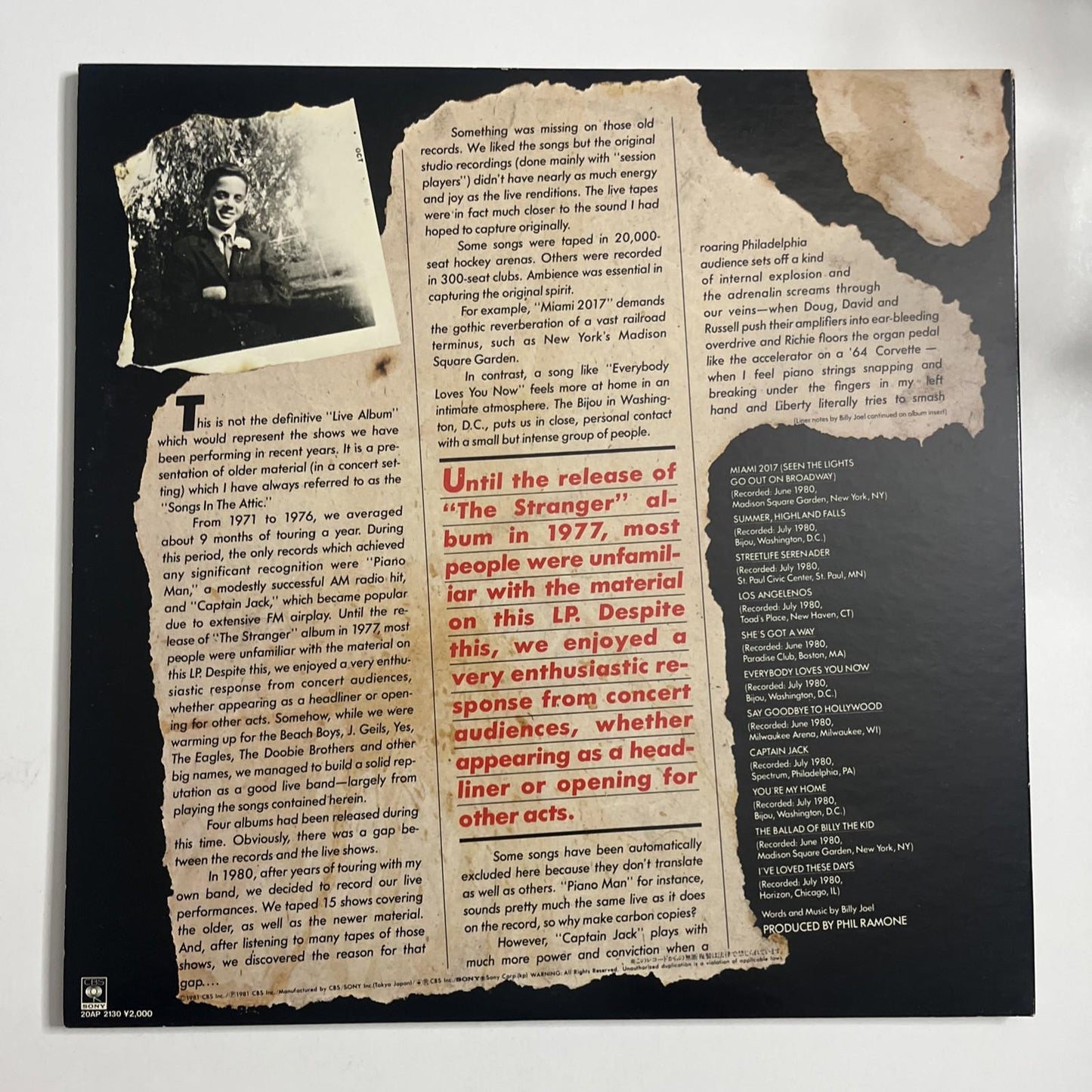 Billy Joel – Songs In The Attic (Vinyl, 1981) Japan Gatefold 20AP 2130