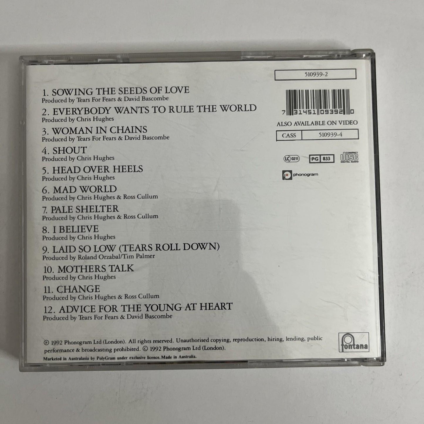 Tears For Fears – Tears Roll Down (Greatest Hits 82-92) (CD, 1992)