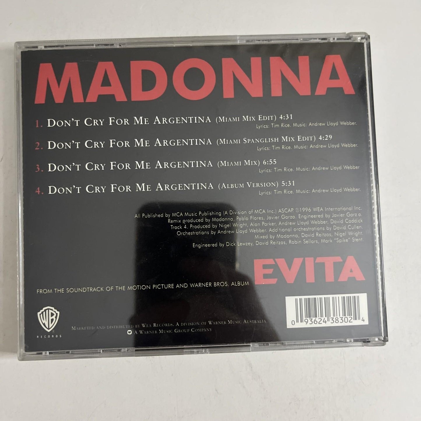 Madonna – Don't Cry For Me Argentina (CD, 1996) Australia 9362438302
