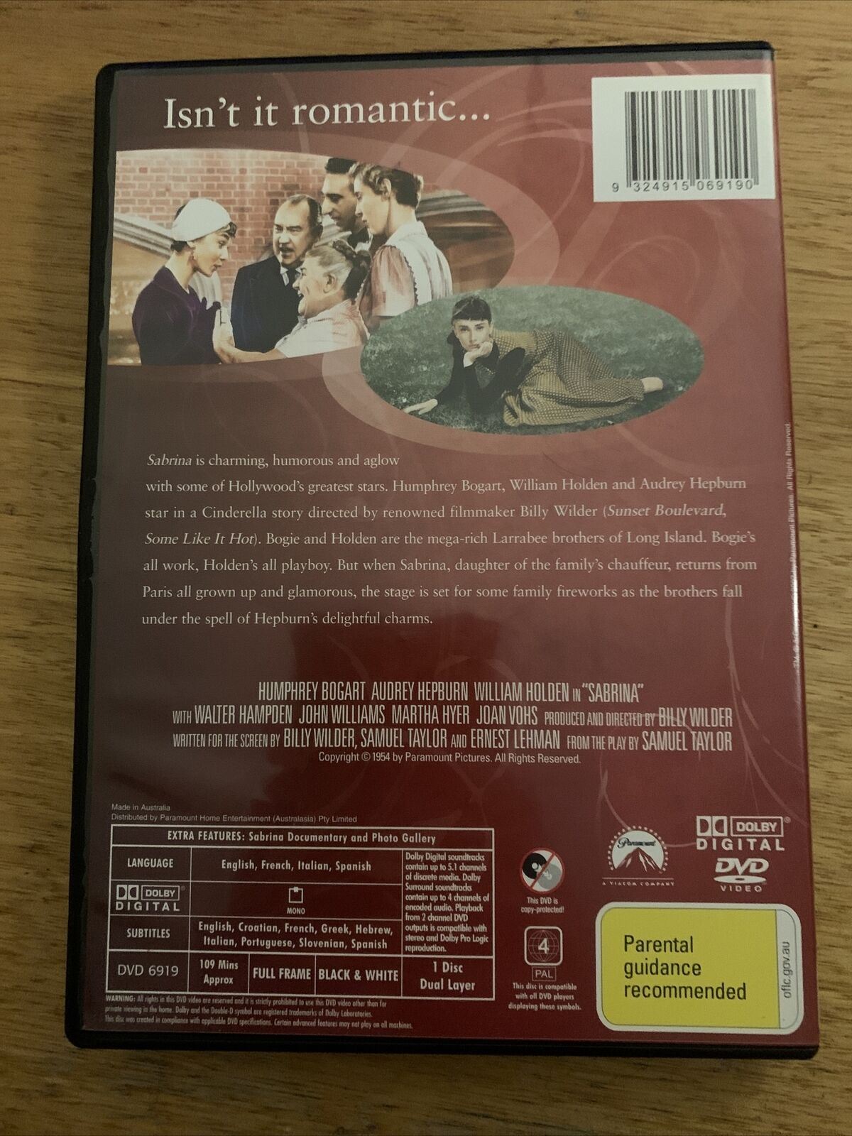 Sabrina (DVD, 1954) Humphrey Bogart, Audrey Hepburn, William Holden. Region 4