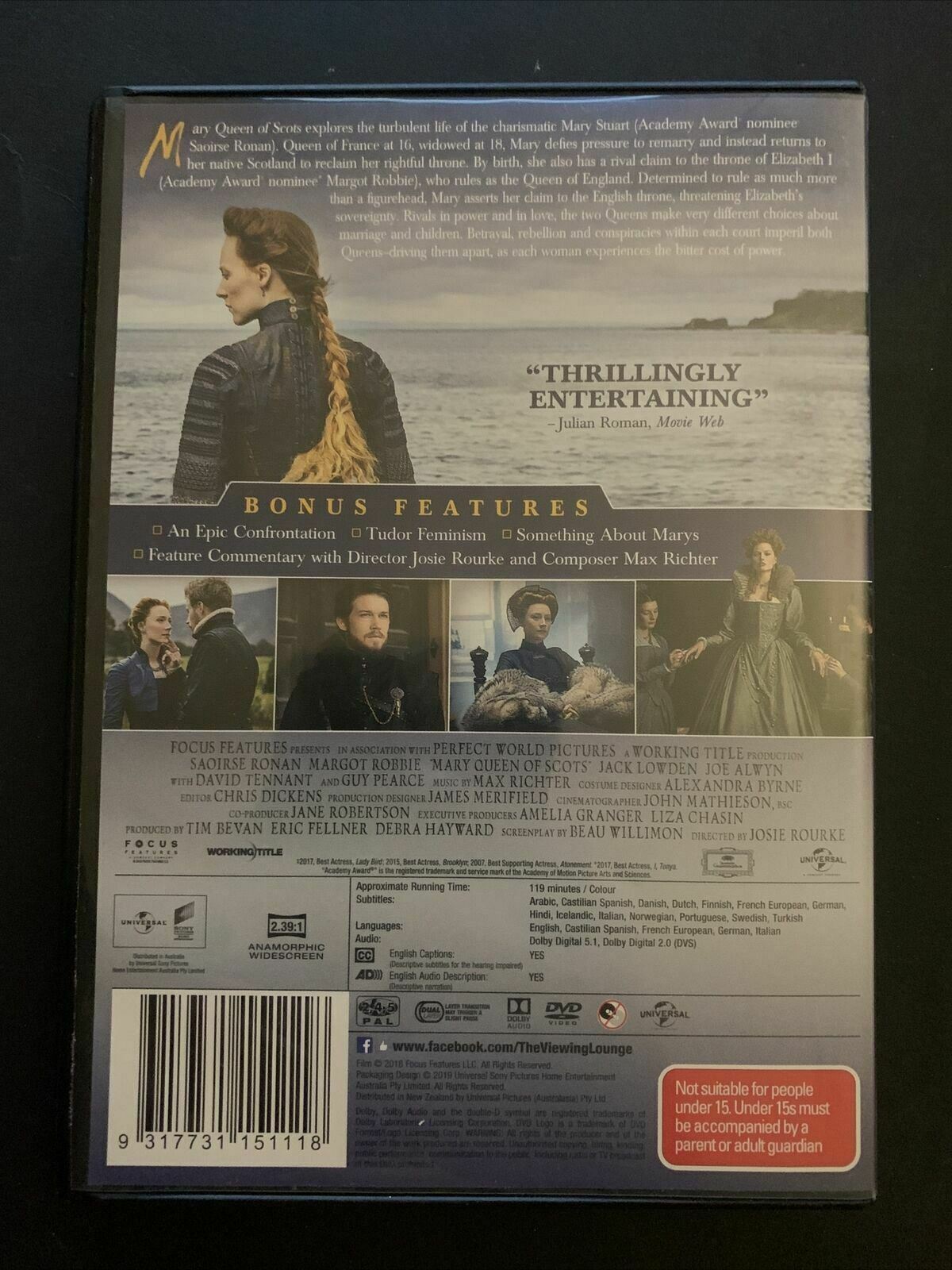 Mary Queen of Scots (DVD, 2018) Saoirse Ronan, Margot Robbie, Jack Lowde Region4