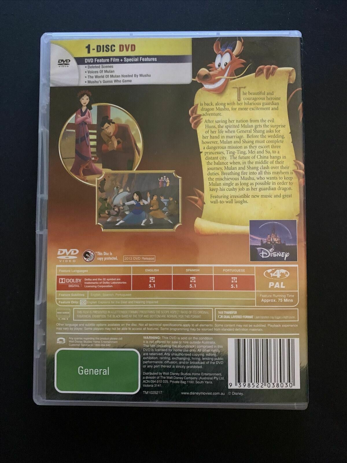 Mulan 1 & 2 (DVD, 1998) Original Disney Animation Films! - Region 2,4