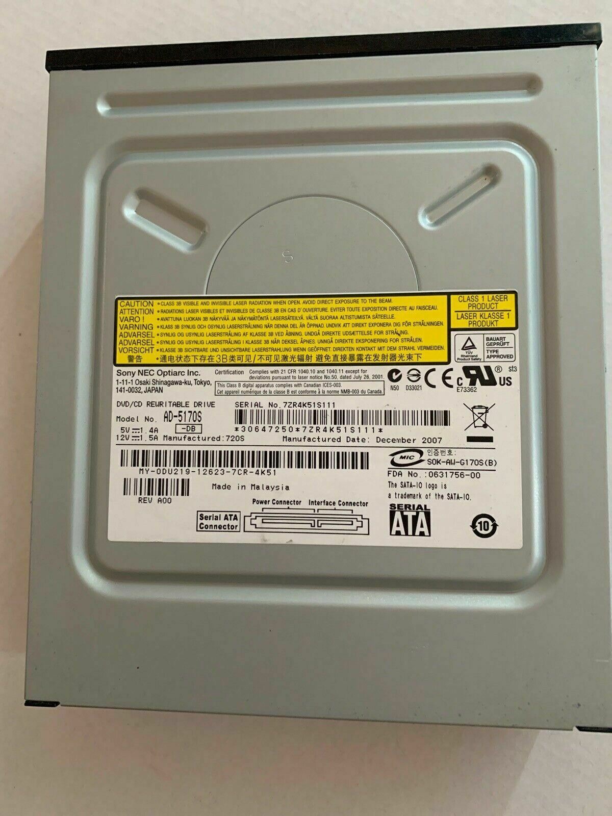 Sony Optiarc AD-5170S CD/DVD-RW RW DL Dual Layer SATA Optical Drive Black