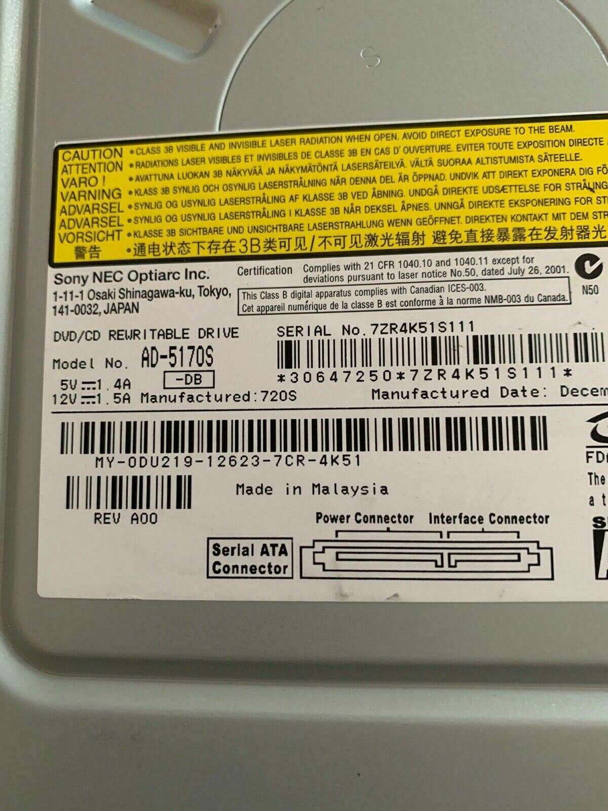 Sony Optiarc AD-5170S CD/DVD-RW RW DL Dual Layer SATA Optical Drive Black