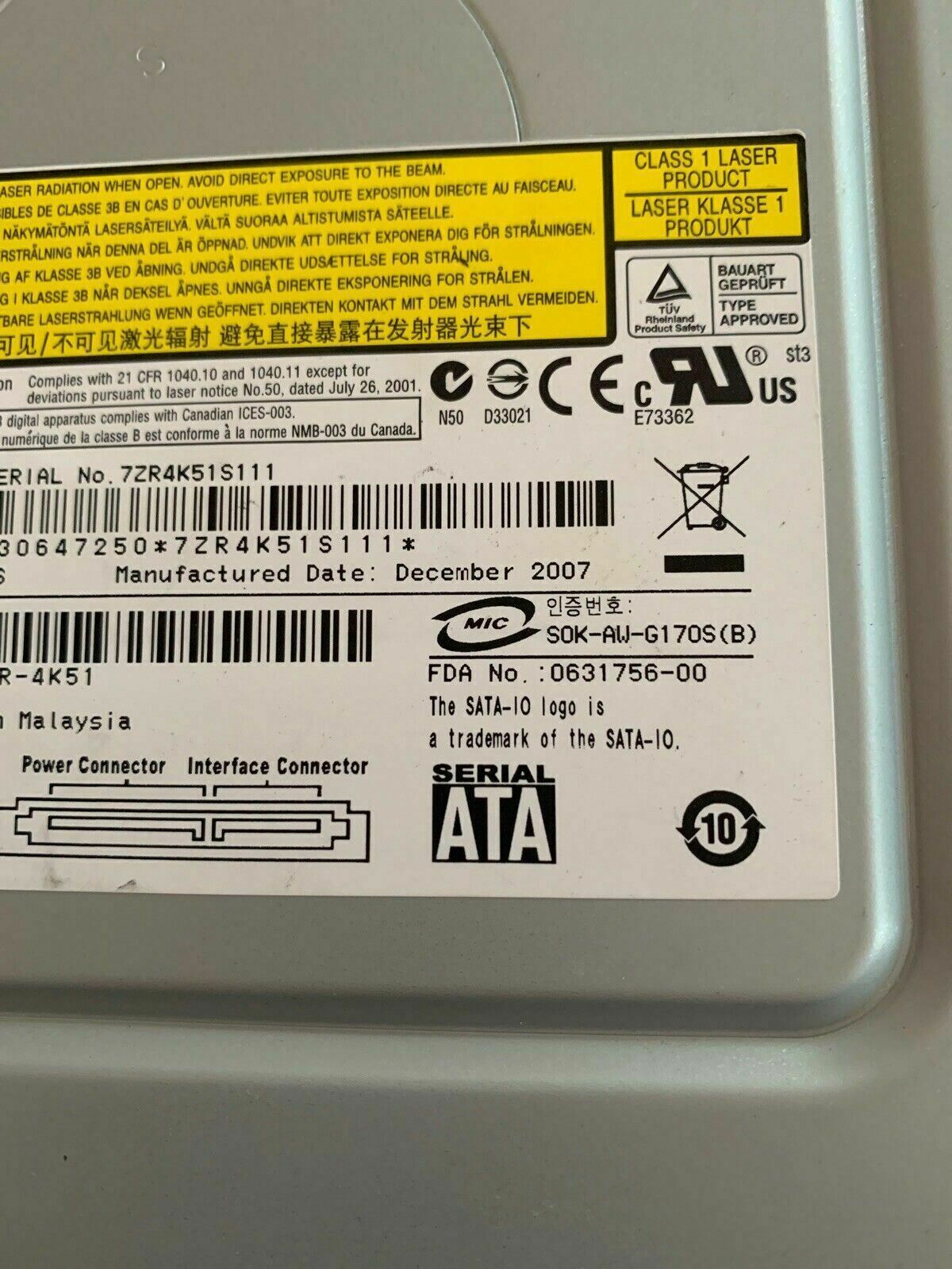 Sony Optiarc AD-5170S CD/DVD-RW RW DL Dual Layer SATA Optical Drive Black