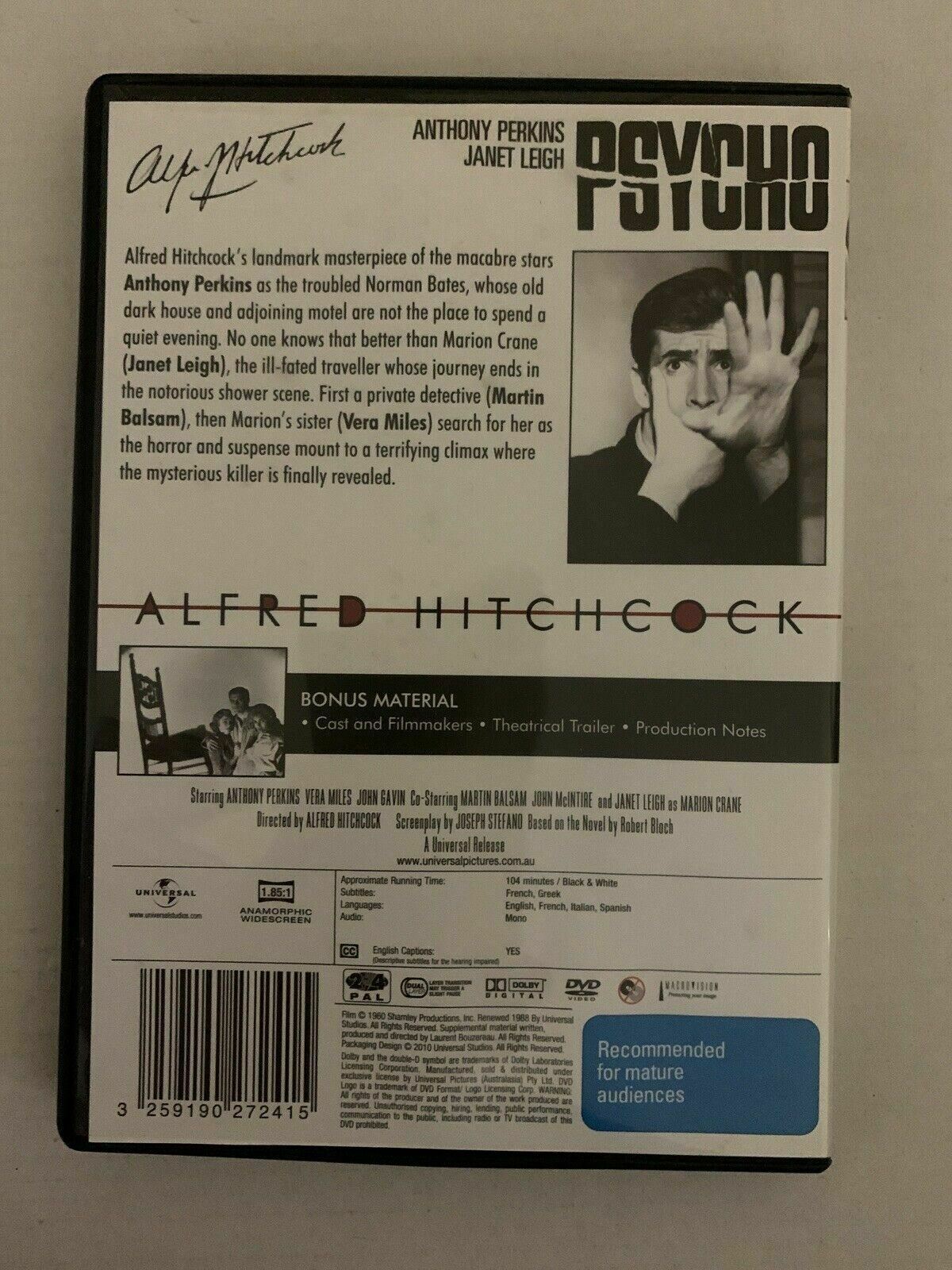Psycho (DVD, 1960) Alfred Hitchcock, Janet Leigh Region 4, 2
