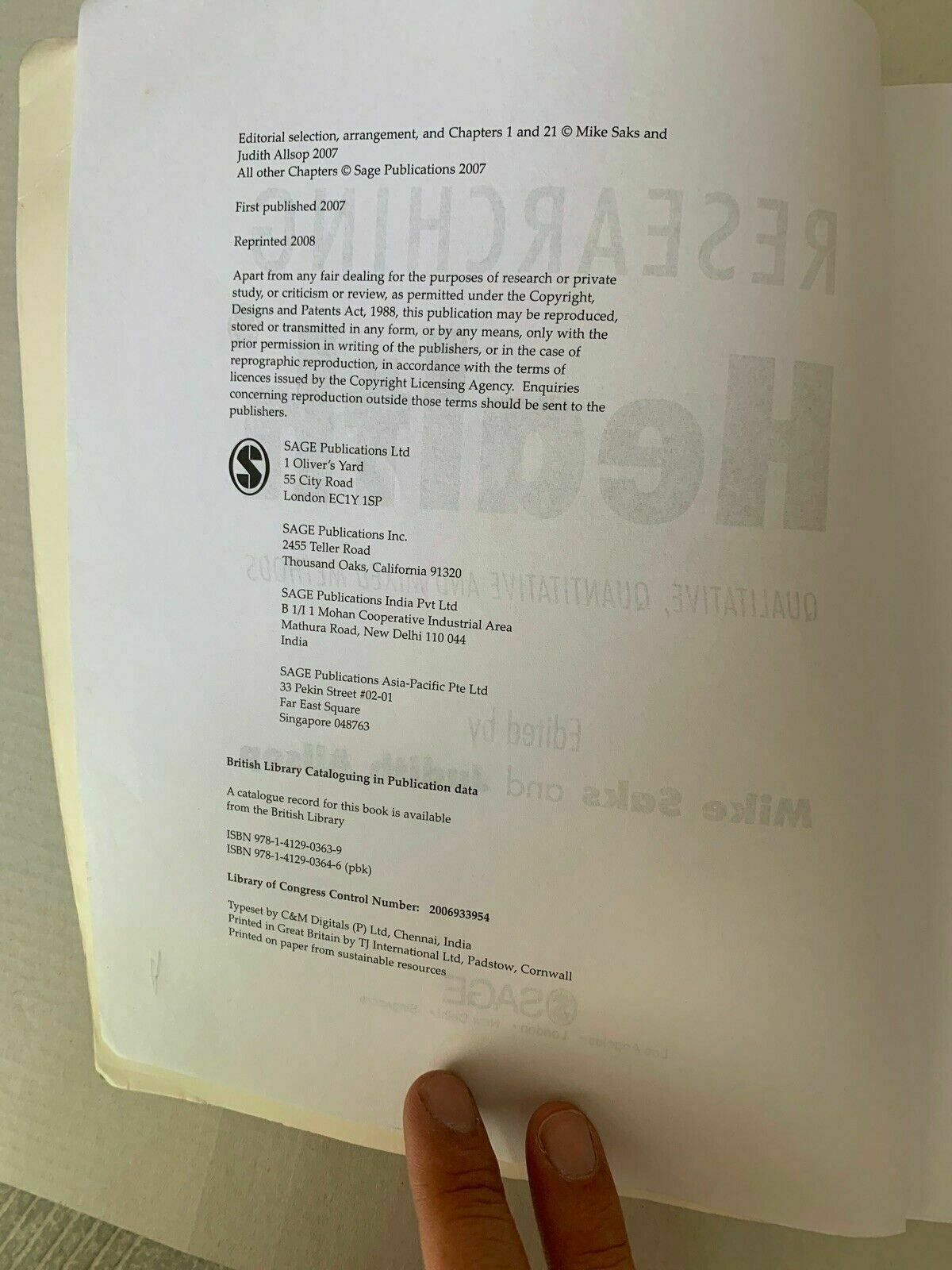 Researching Health: Qualitative, Quantitative & Mixed Methods. Mike Saks 2008