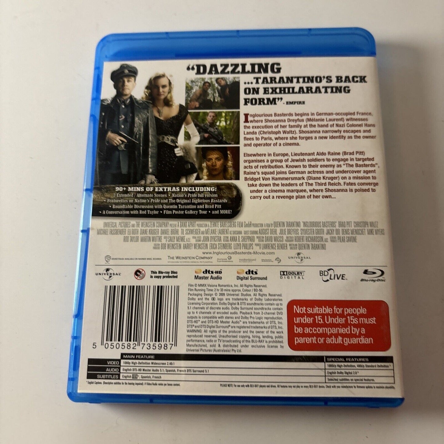 Inglourious Basterds (Blu-ray, 2009) Brad Pitt, Christoph Waltz Region B