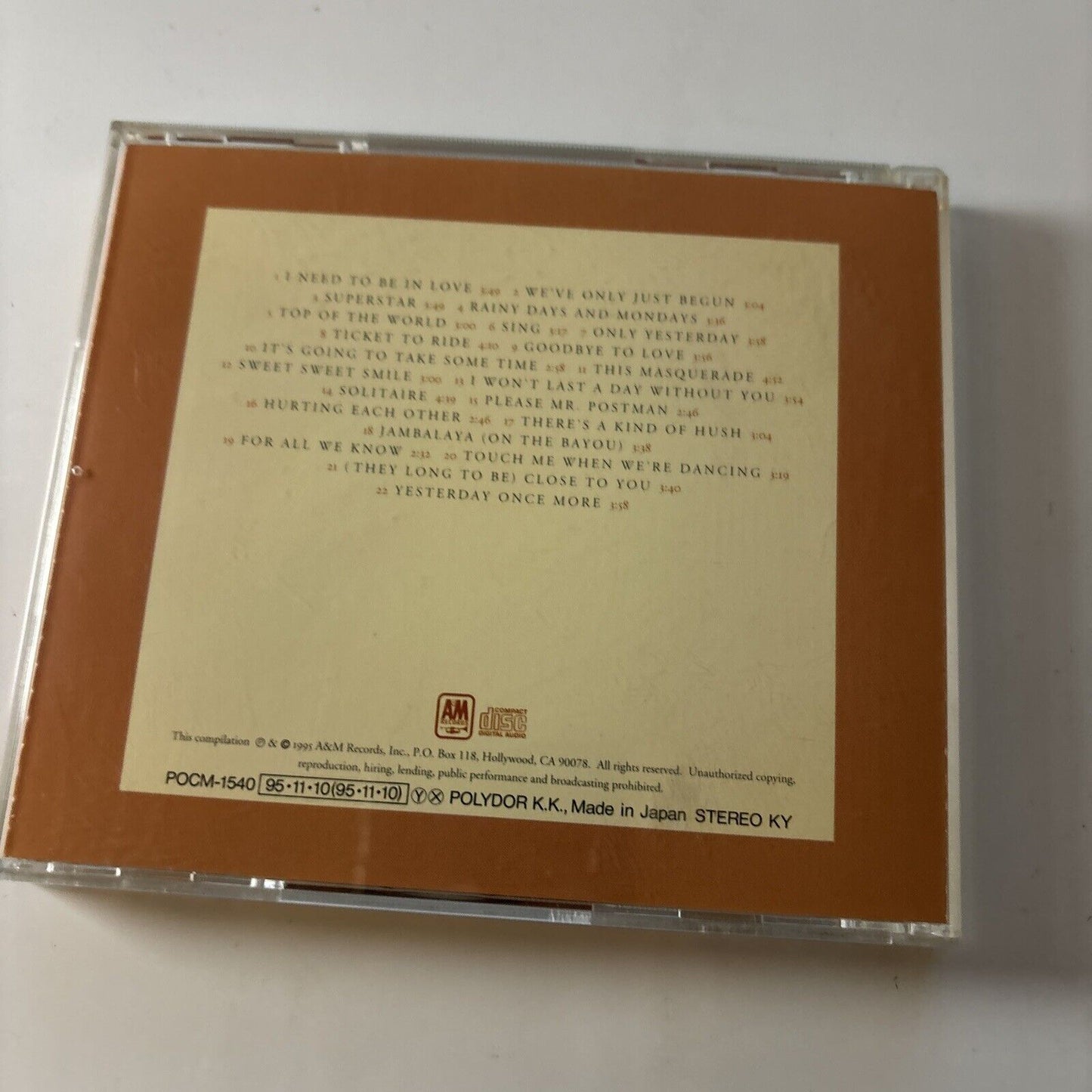 Carpenters - Twenty-Two Hits (CD, 1995) Japan POCM-1540 A&M Records