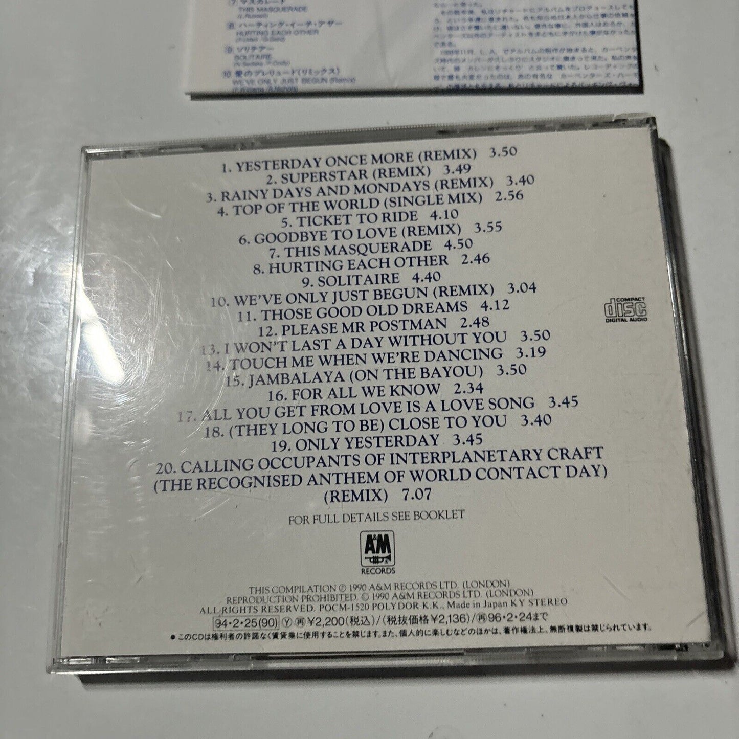 Carpenters - Their Greatest Hits (CD, 1994) Japan POCM-1520 A&M Records