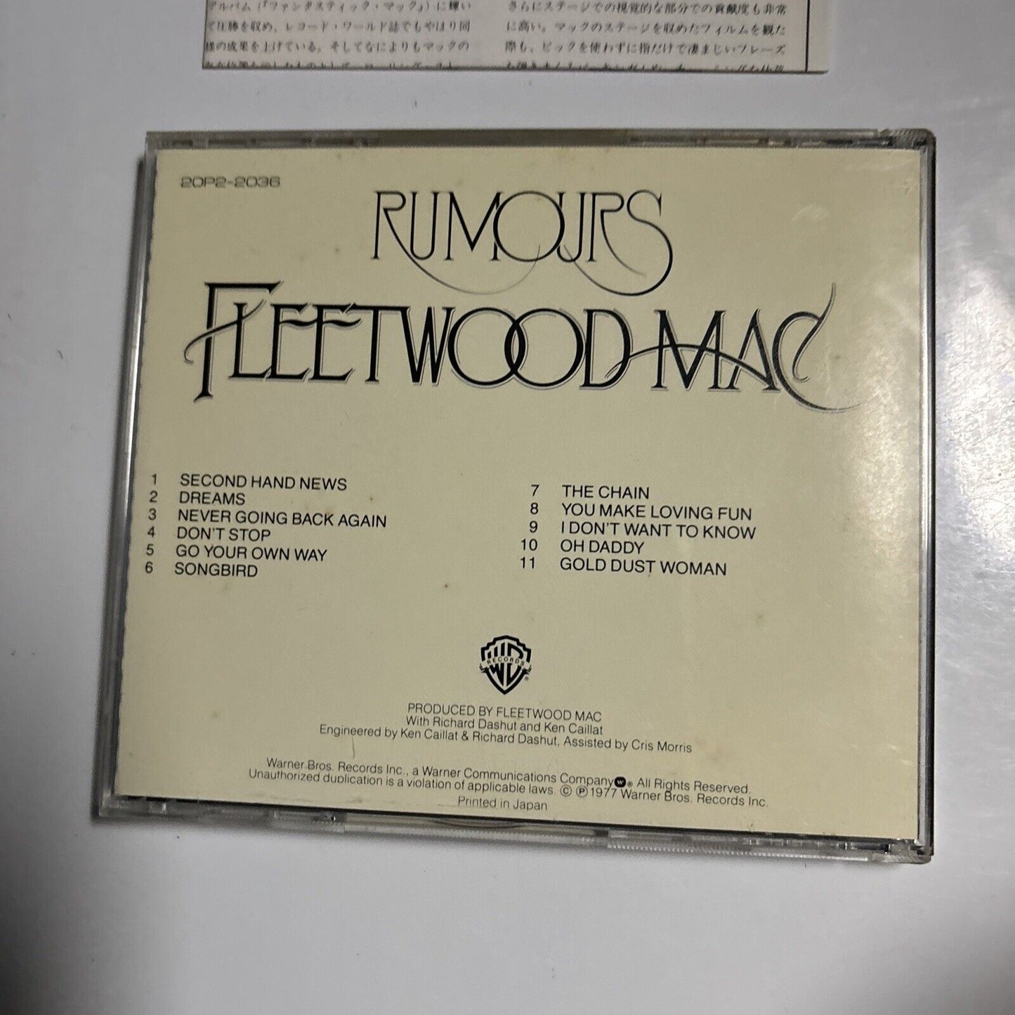 Fleetwood Mac - Rumours (CD, 1988) Japan 20p2-2036 Warner Bros. Records
