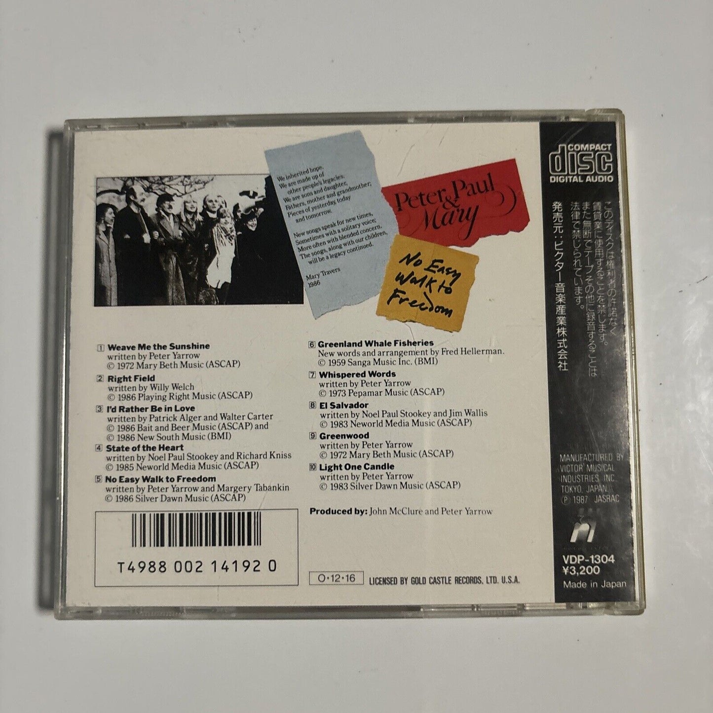 Peter, Paul & Mary - No Easy Walk To Freedom (CD, 1988) Japan VDP-1304
