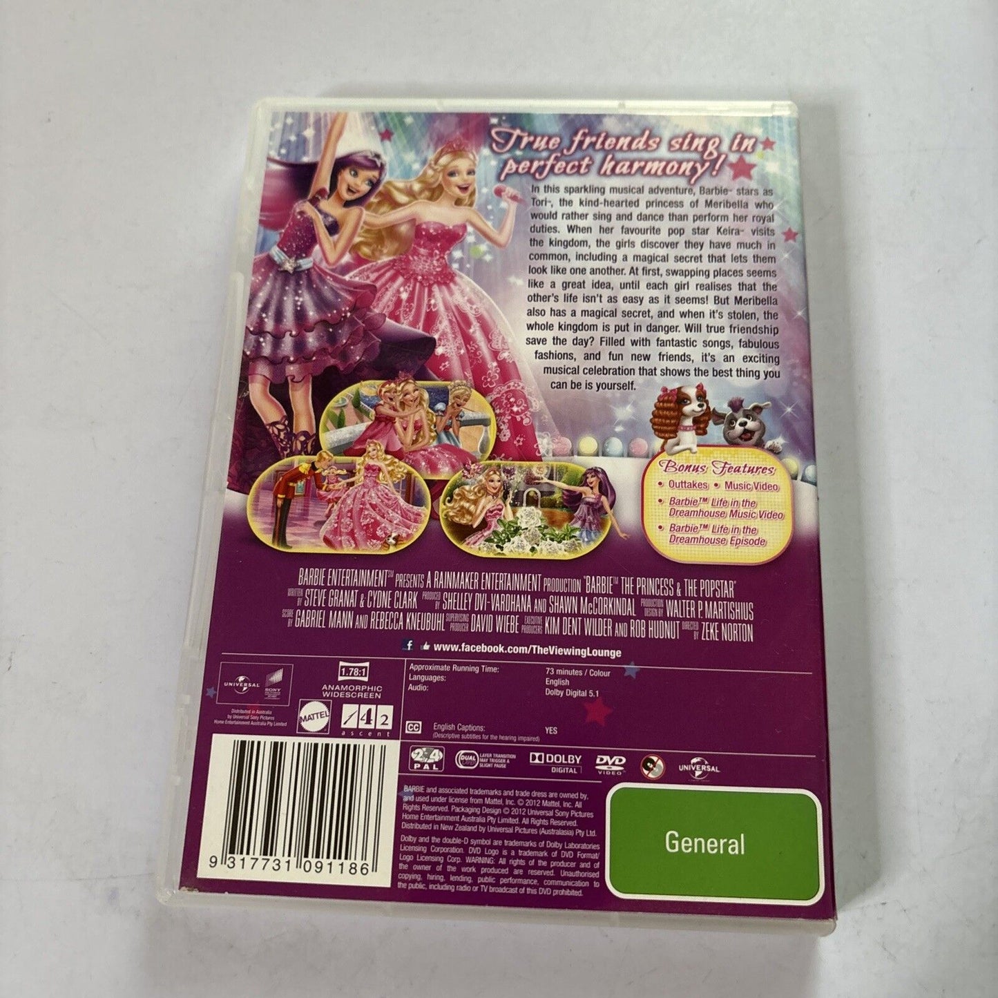 Barbie - The Princess & The Popstar (DVD, 2012)  Region 4 &2