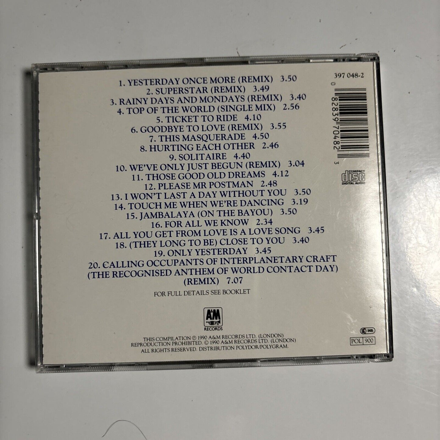 Carpenters - Their Greatest Hits (CD, 1990) A&M Records 397 048-2