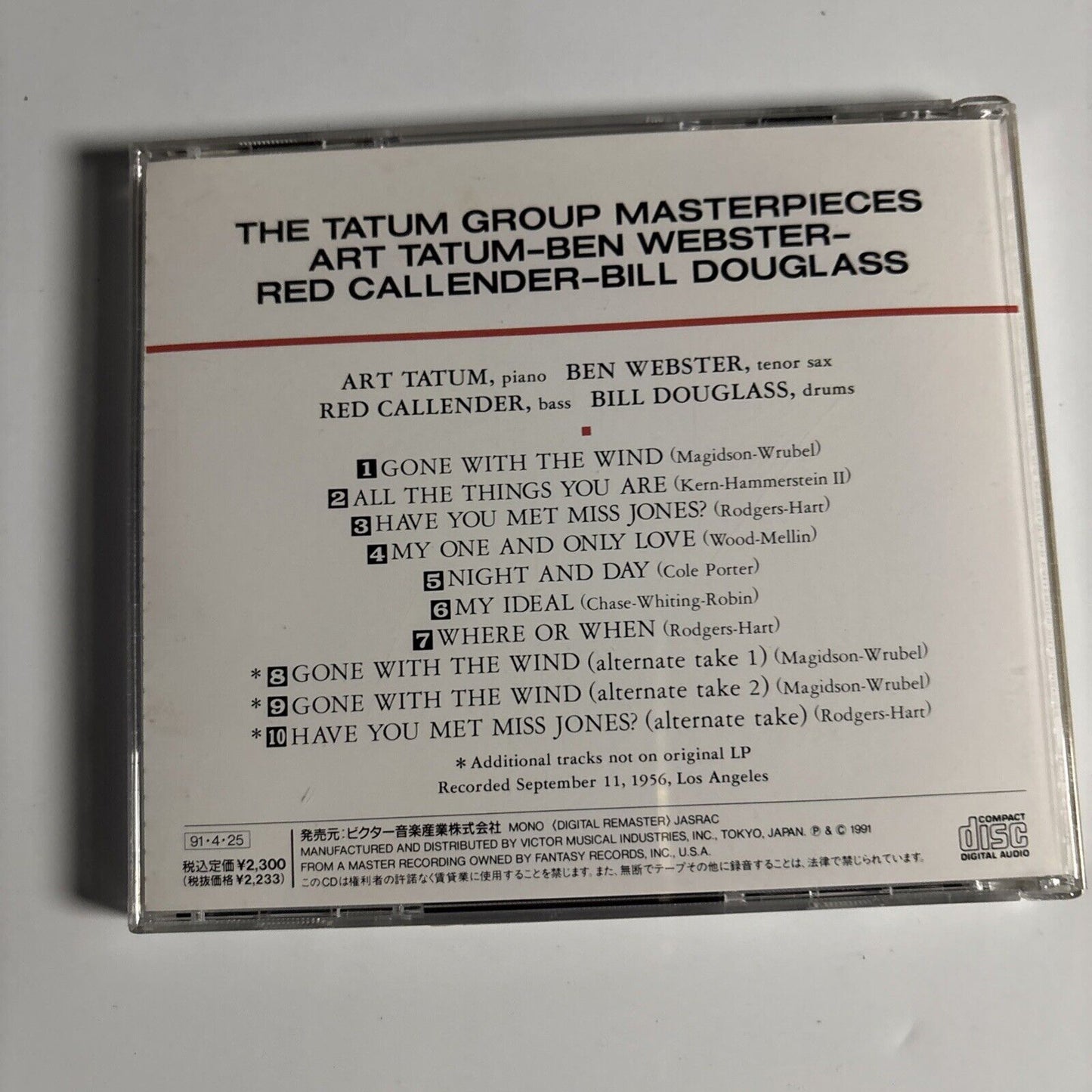 Ben Webster, Art Tatum, Red Callender, The Tatum Group Masterpieces CD Japan