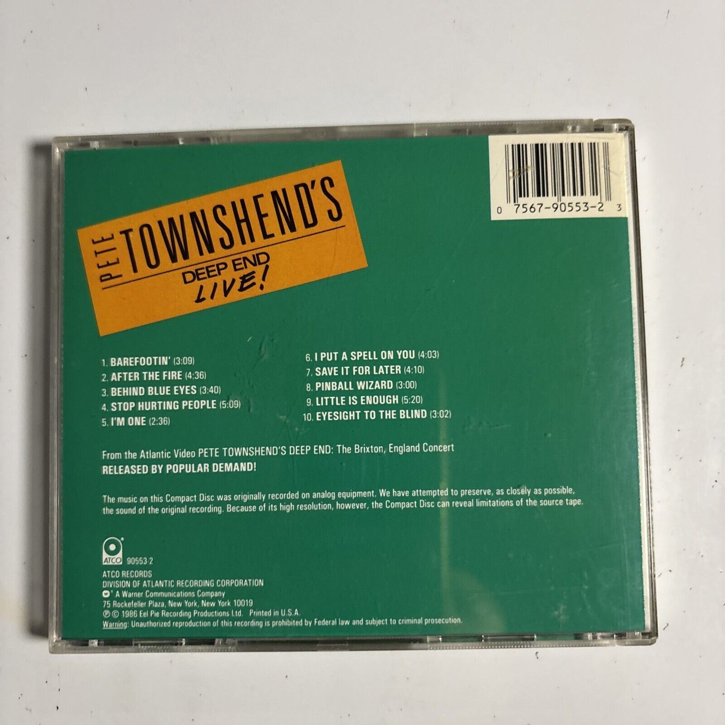 Pete Townshend's - Pete Townshend's Deep End Live! (CD, 1986) 7 90553-2
