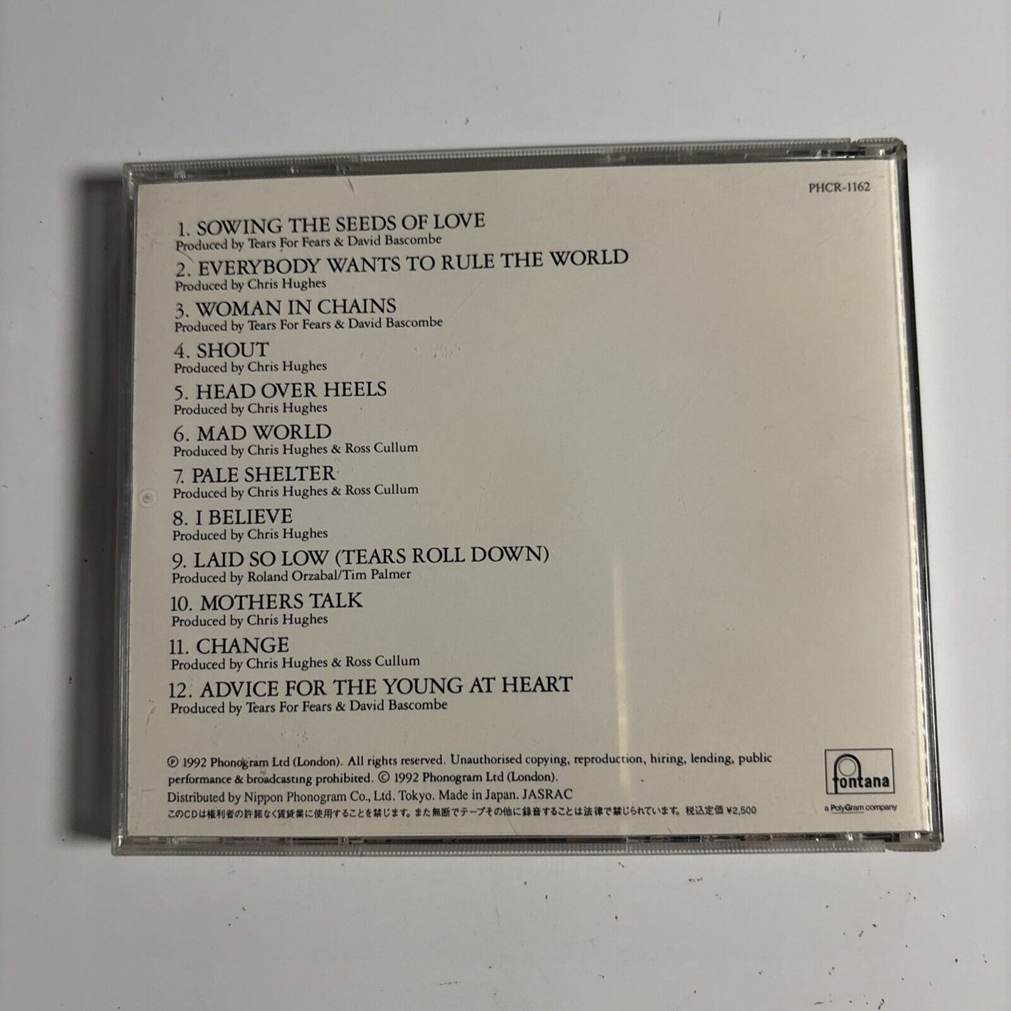 Tears For Fears – Tears Roll Down Greatest Hits 82-92 (CD 1992) phcr-1162 Japan