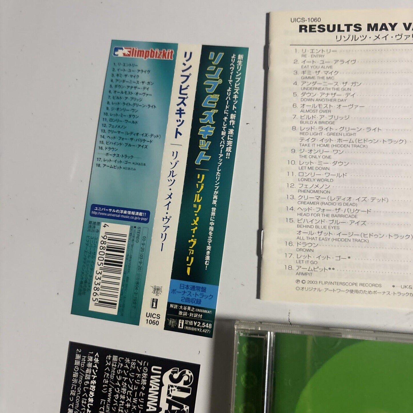 Limp Bizkit – Results May Vary (CD, 2003) uics-1060 Japan obi