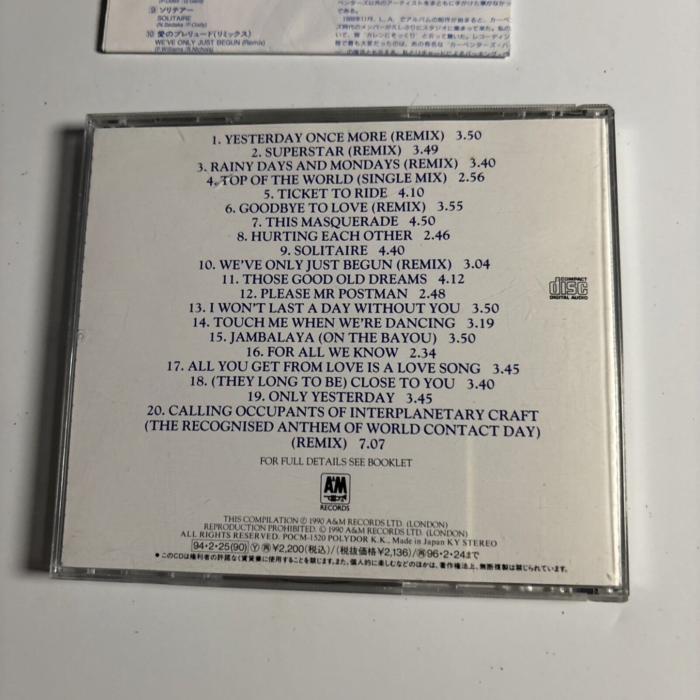 Carpenters – Their Greatest Hits (CD, 1994) pocm-1520 Japan