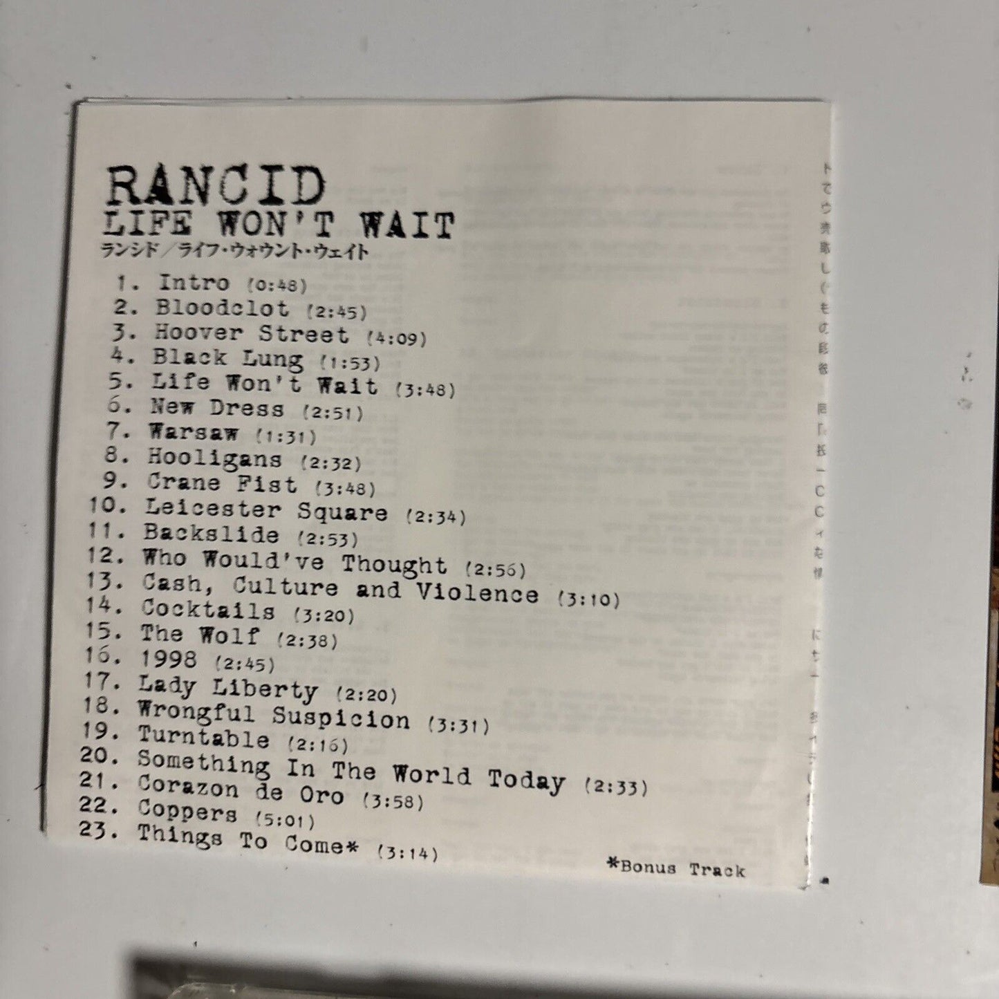 Rancid – Life Won't Wait (CD, 1998) esca-6950 Japan Bonus Track, obi