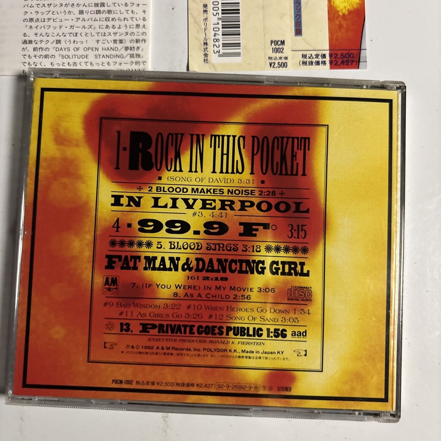 Suzanne Vega – 99.9F (CD, 1992) pocm-1002 Japan obi