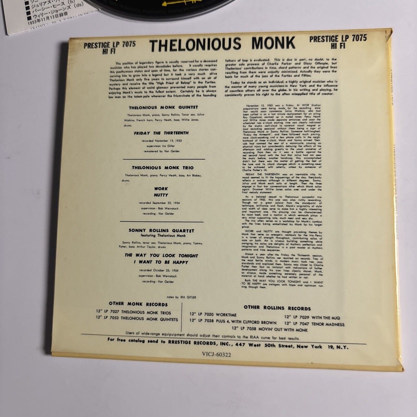 Thelonious Monk / Sonny Rollins (CD, 1999) vicj-60322 Japan cardboard sleeve