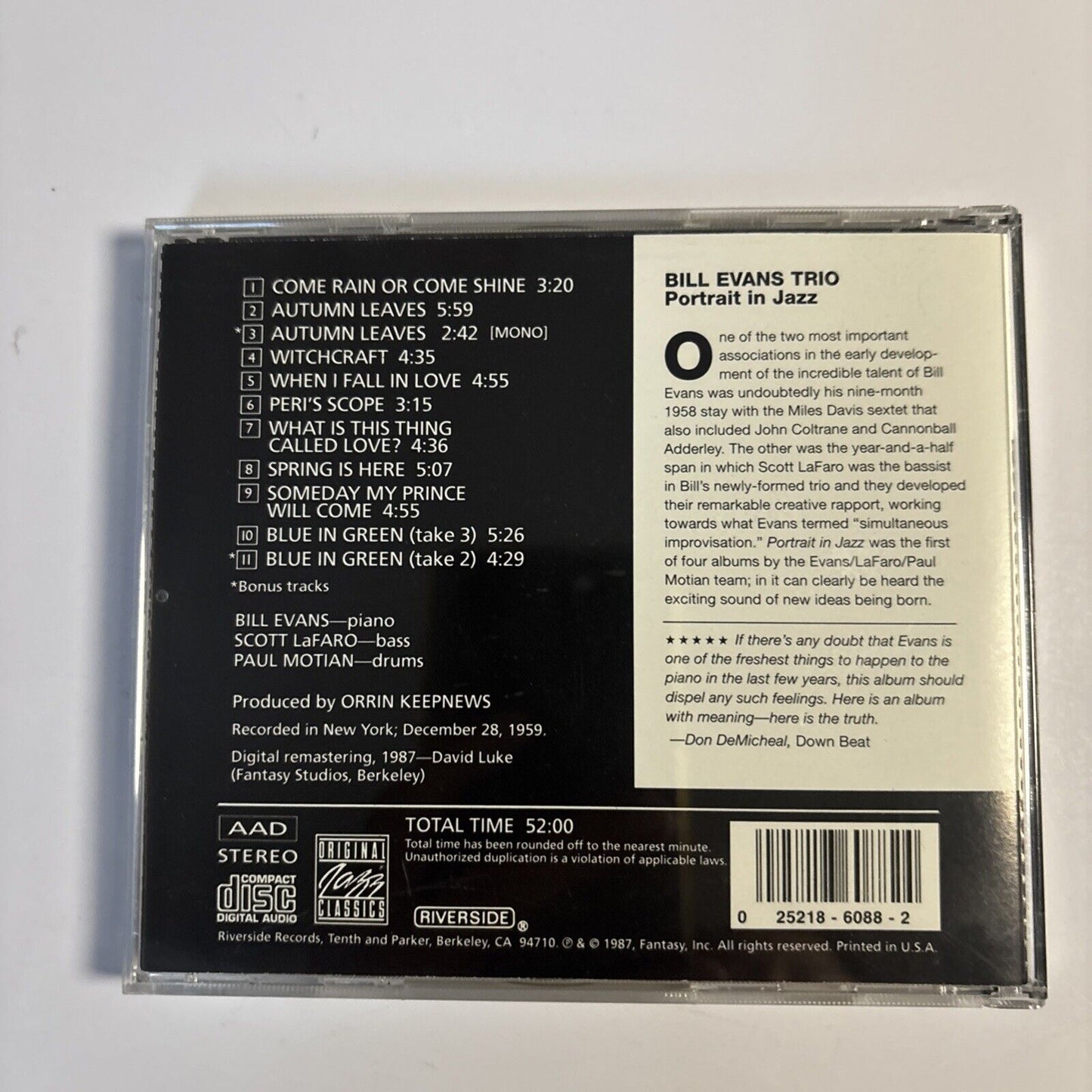 Bill Evans Trio – Portrait In Jazz (CD, 1987) OJCCD-088-2