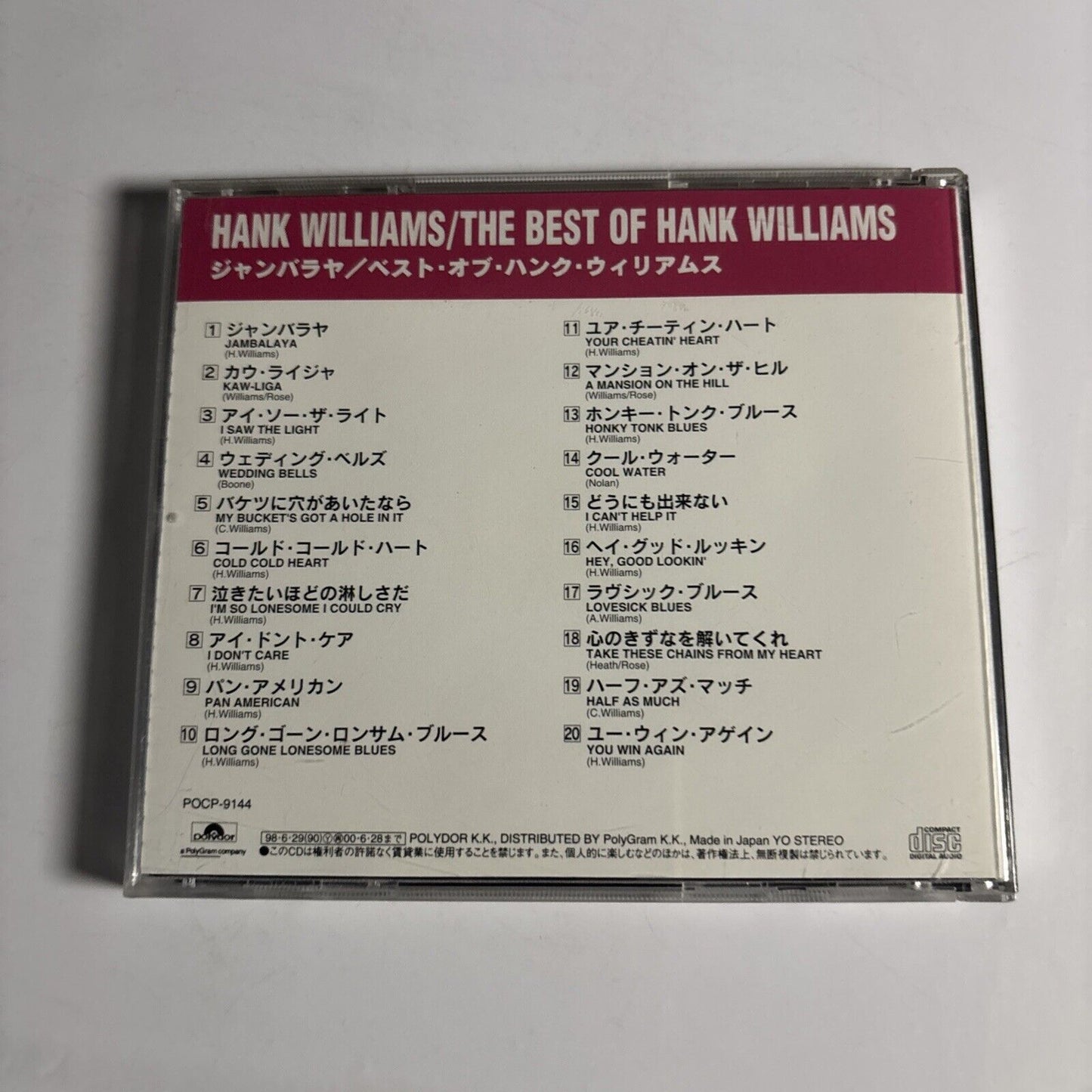 Hank Williams – The Best Of Hank Williams (CD, 2001) pocp-9144 Japan