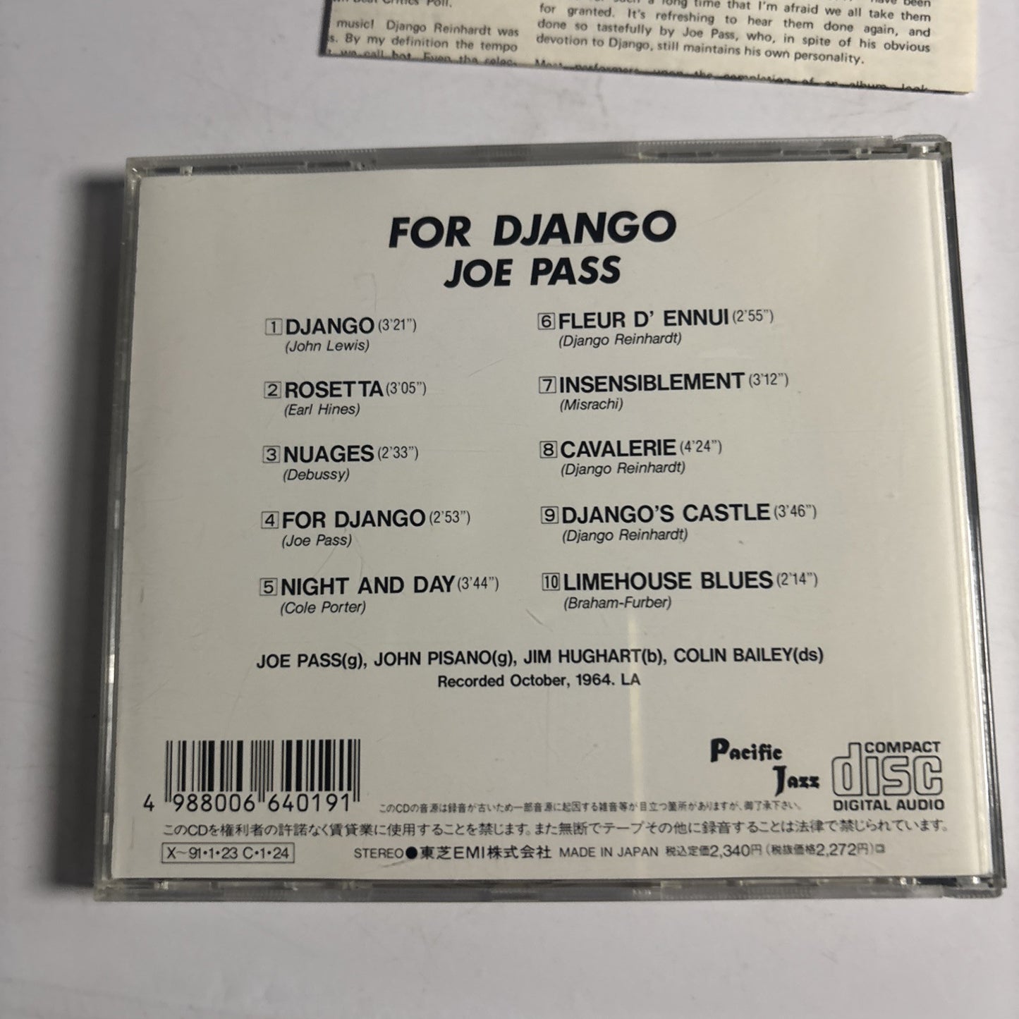 Joe Pass – For Django (CD, 1990) tocj-5309 Japan