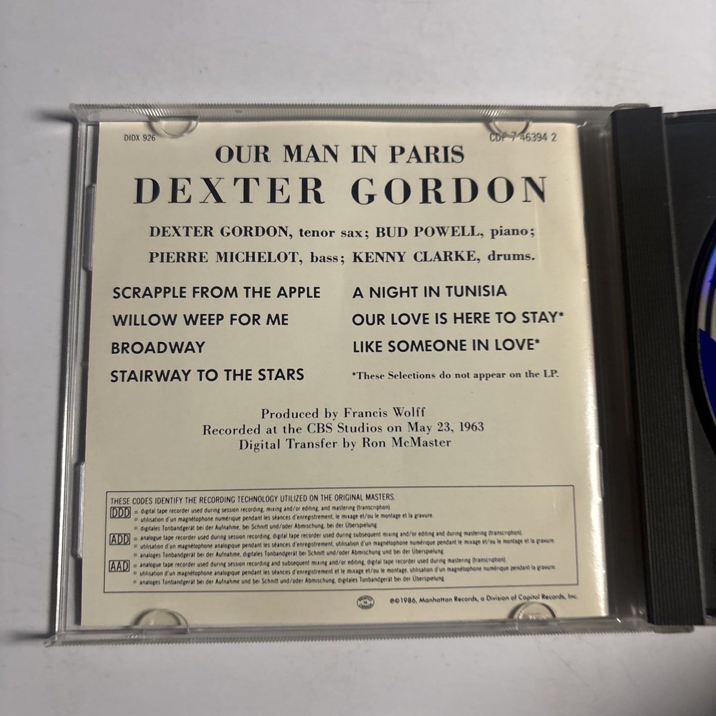 Dexter Gordon – Our Man In Paris (CD, 1987) CDP 7 46394 2