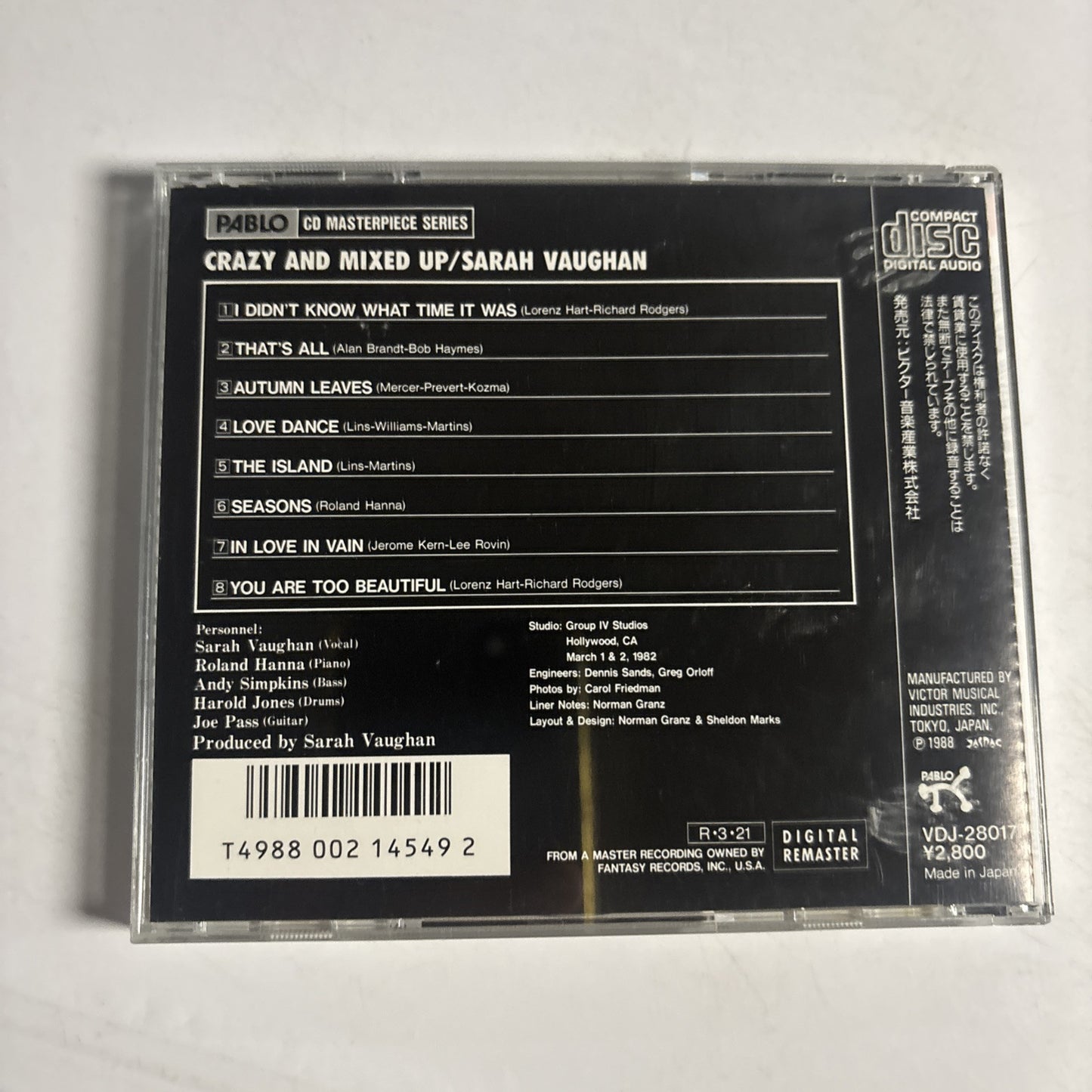 Sarah Vaughan – Crazy And Mixed Up (CD, 1988) vdj-28017 Japan