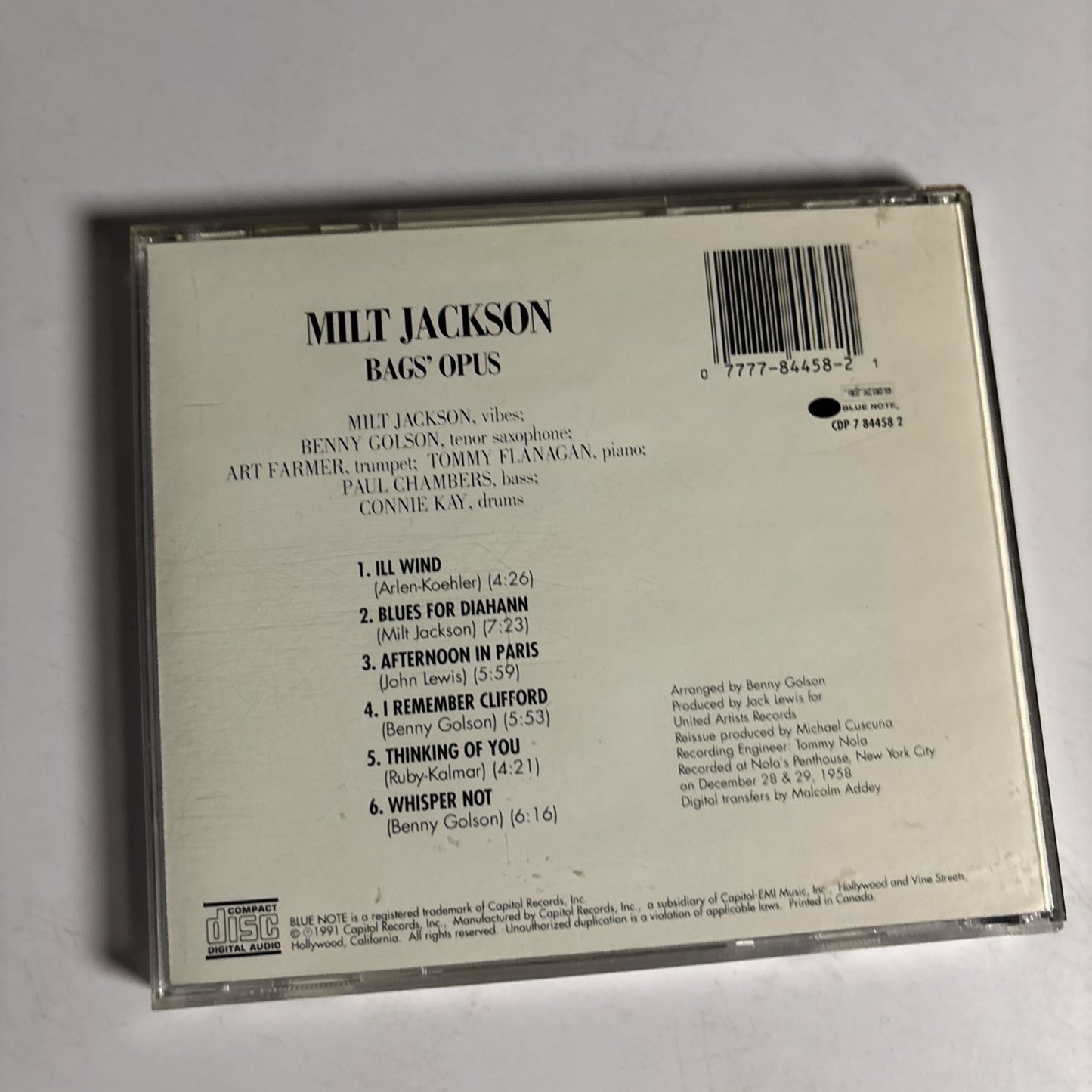 Milt Jackson – Bags' Opus (CD, 1991) CDP 7 84458 2