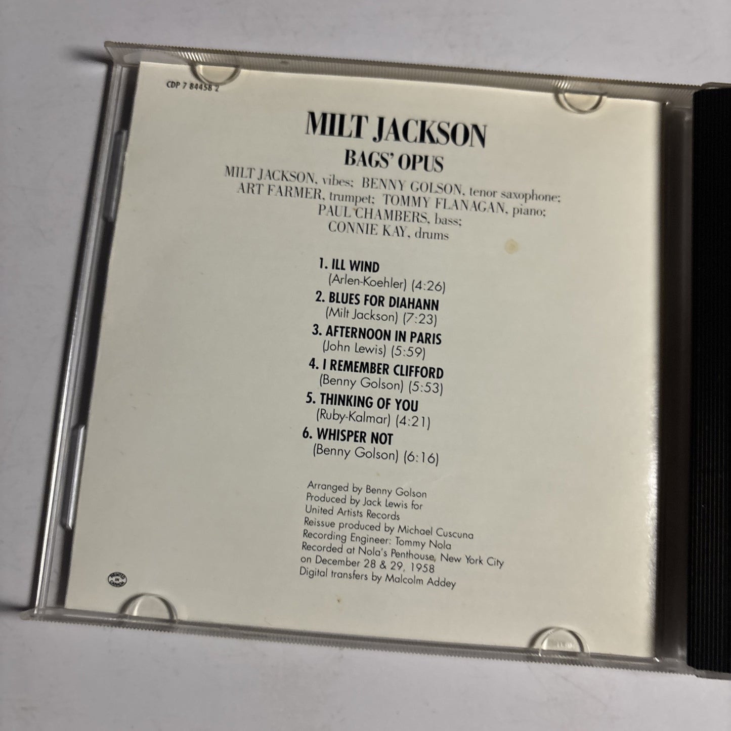 Milt Jackson – Bags' Opus (CD, 1991) CDP 7 84458 2