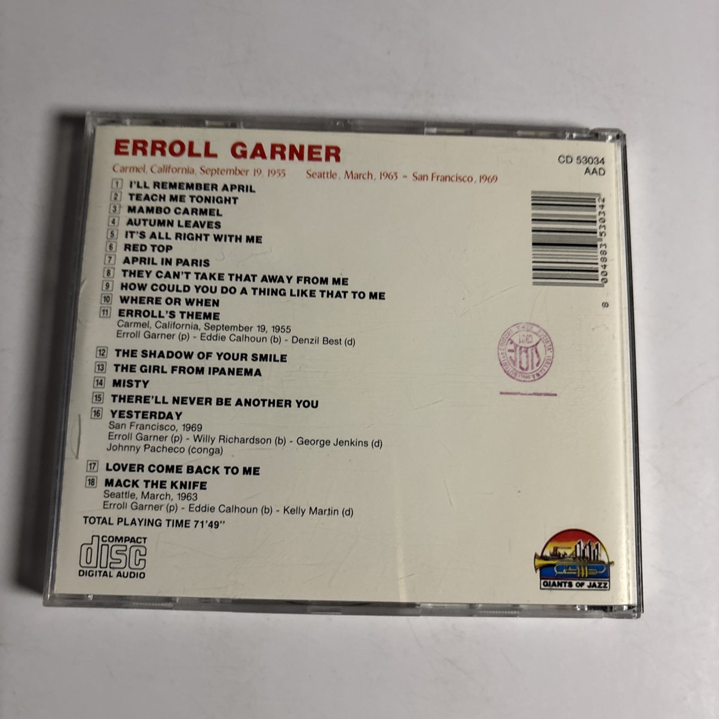 Erroll Garner – In Concert (CD, 1988) CD 53034