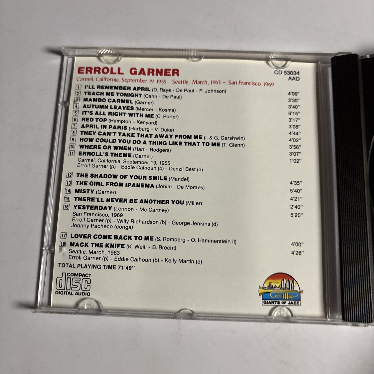 Erroll Garner – In Concert (CD, 1988) CD 53034