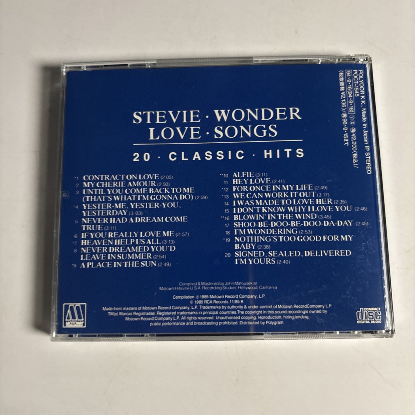 Stevie Wonder – Love Songs - 20 Classics Hits (CD, 1994) poct-1545 Japan