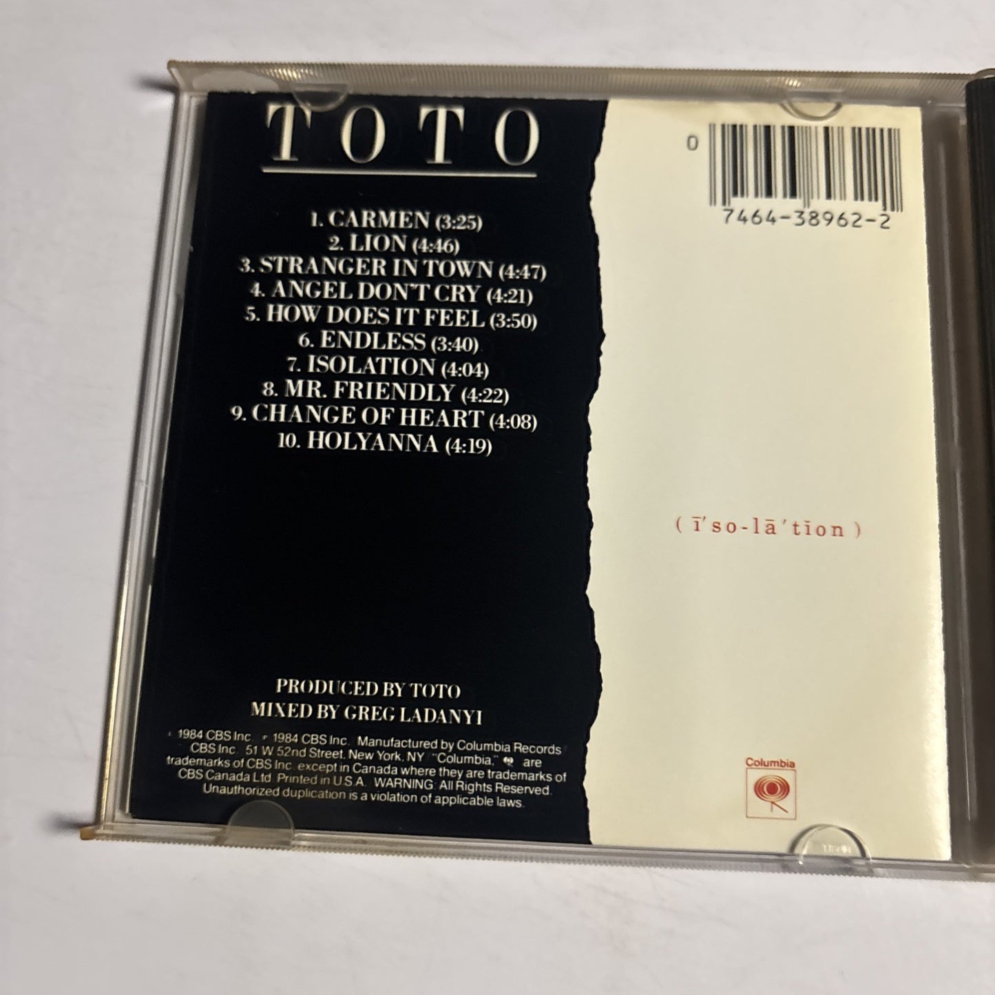 Toto – Isolation (CD, 1985) US CK 38962