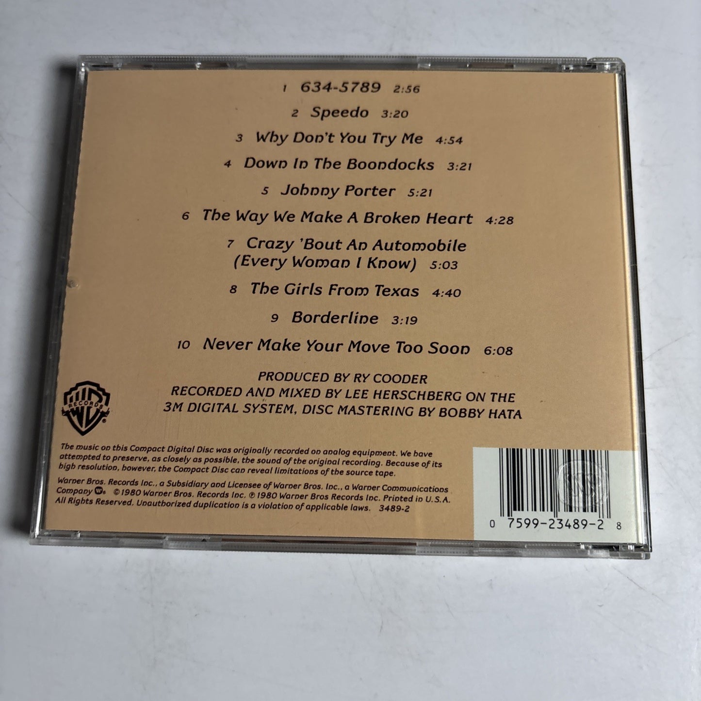 Ry Cooder – Borderline (CD, 1988)  US 3489-2