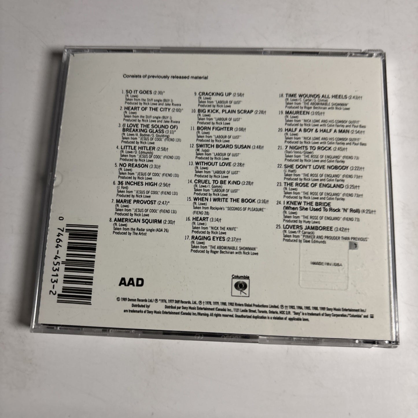 Nick Lowe – Basher: The Best Of Nick Lowe (CD, 1989)  US CK 45313
