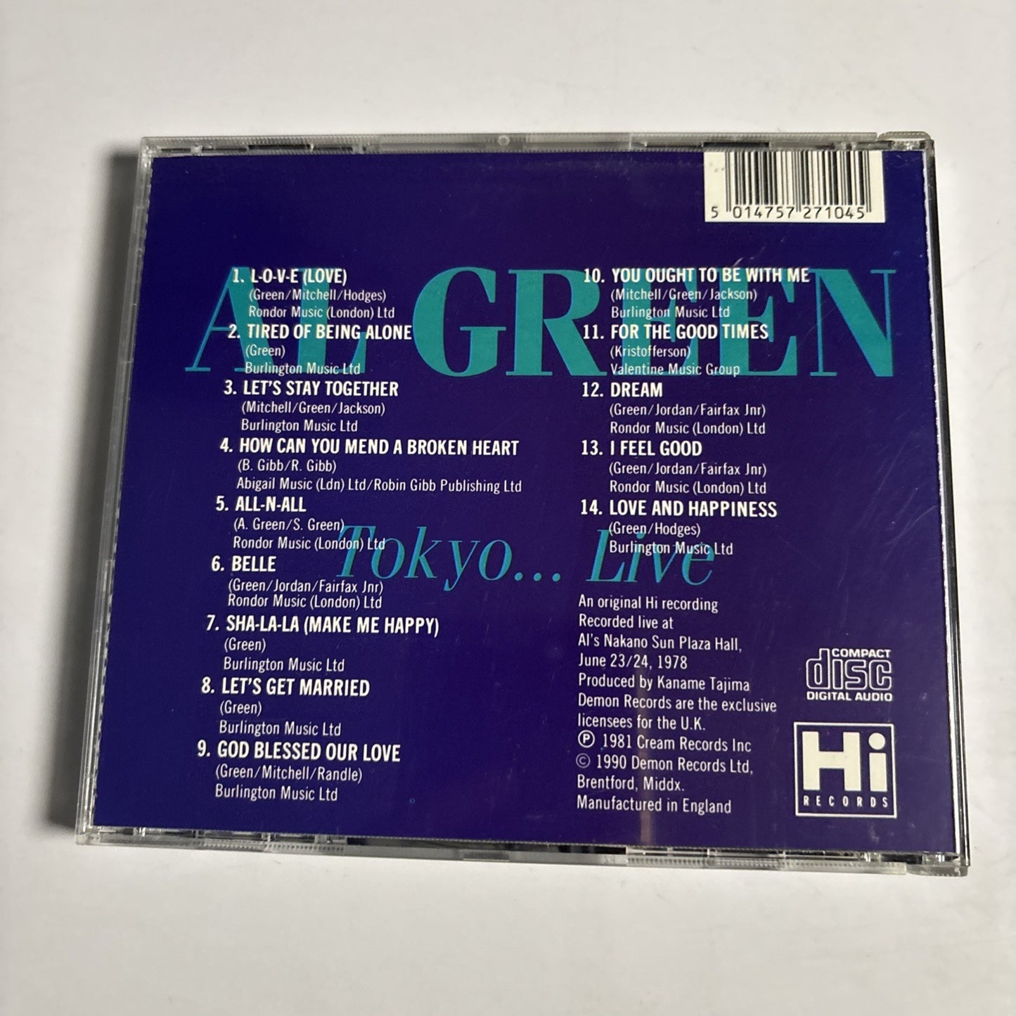Al Green – Tokyo ... Live (CD, 1990) UK HI UK CD 104
