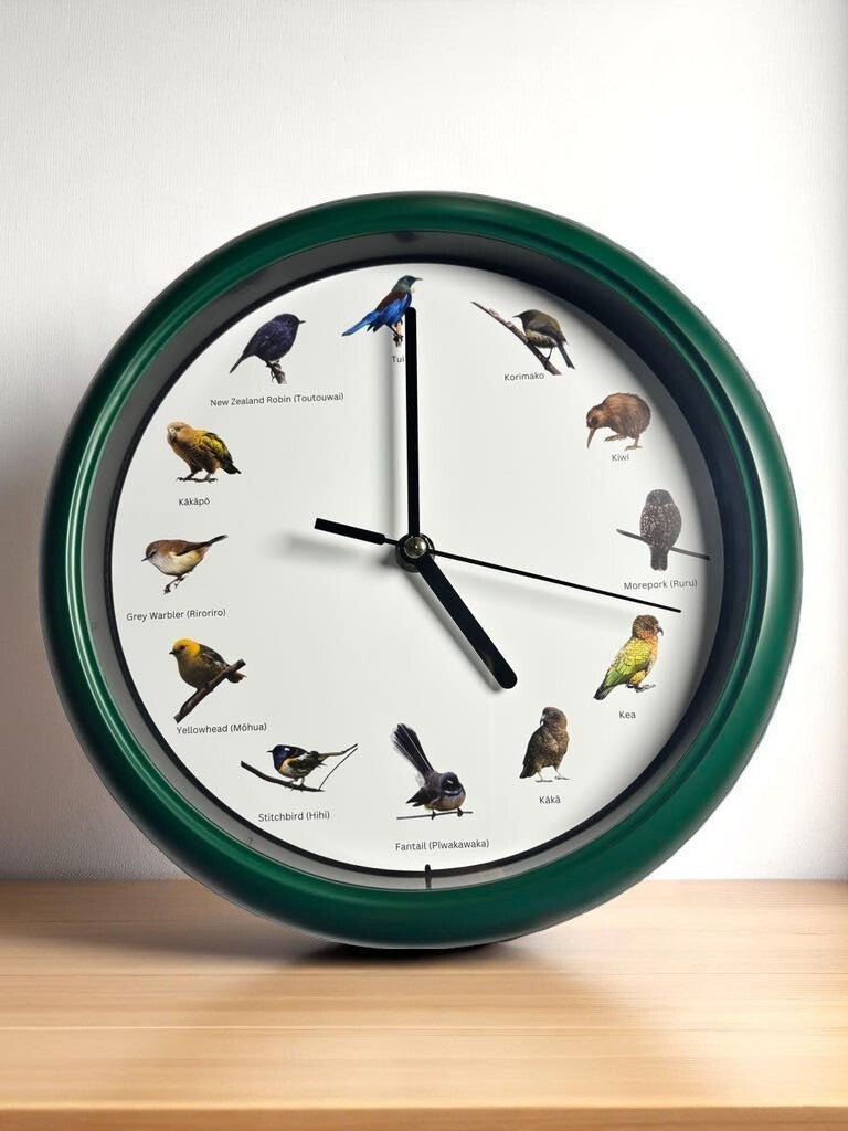 New Zealand Singing Bird Wall Clock 10" - Plays 12 Native Bird Sounds Hourly