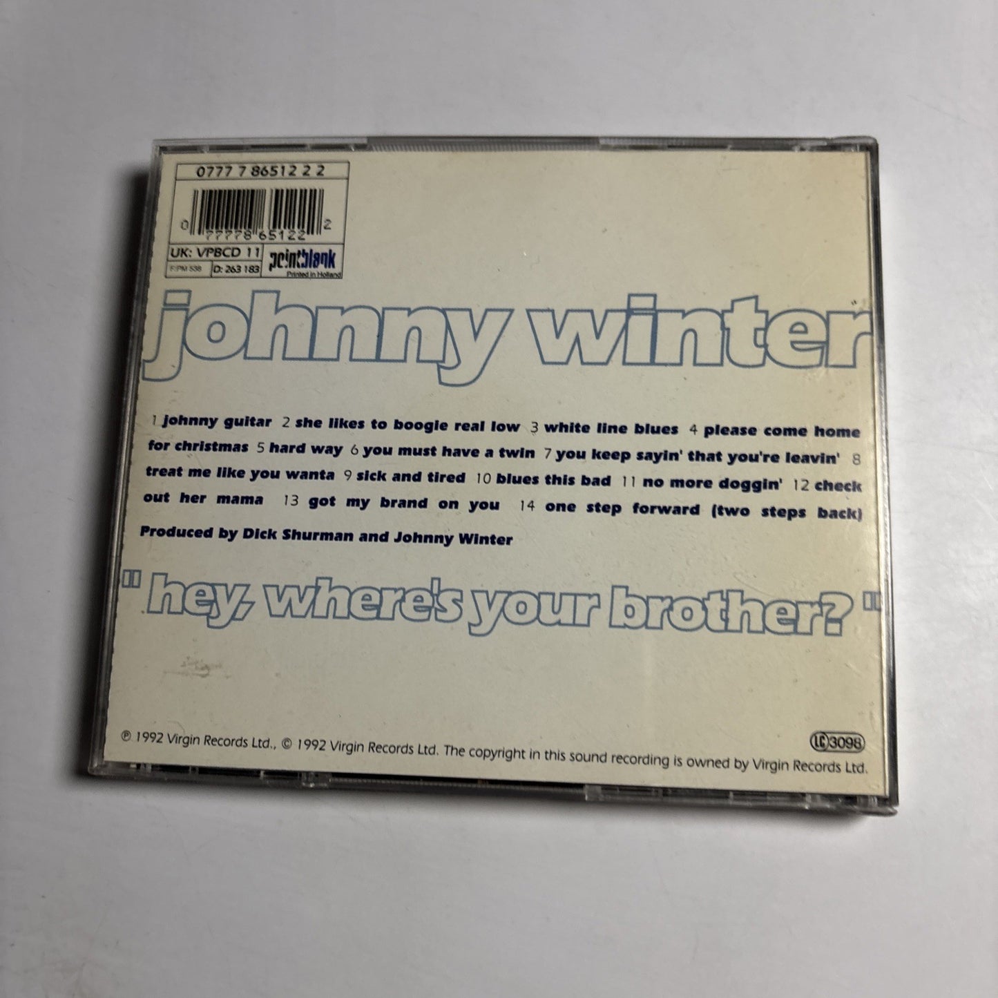 Johnny Winter – Hey, Where's Your Brother? (CD, 1992) Europe 0777 7 86512 2 2