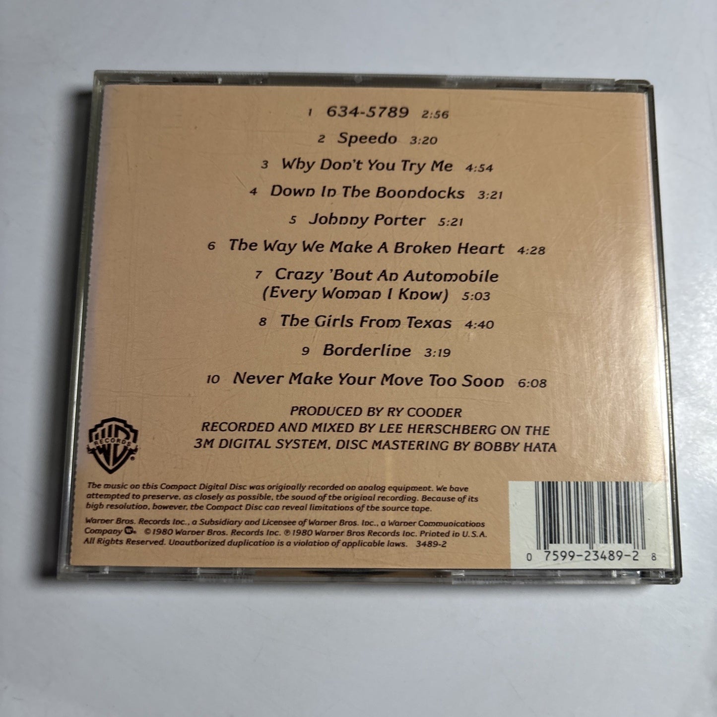 Ry Cooder – Borderline (CD, 1988) US 3489-2