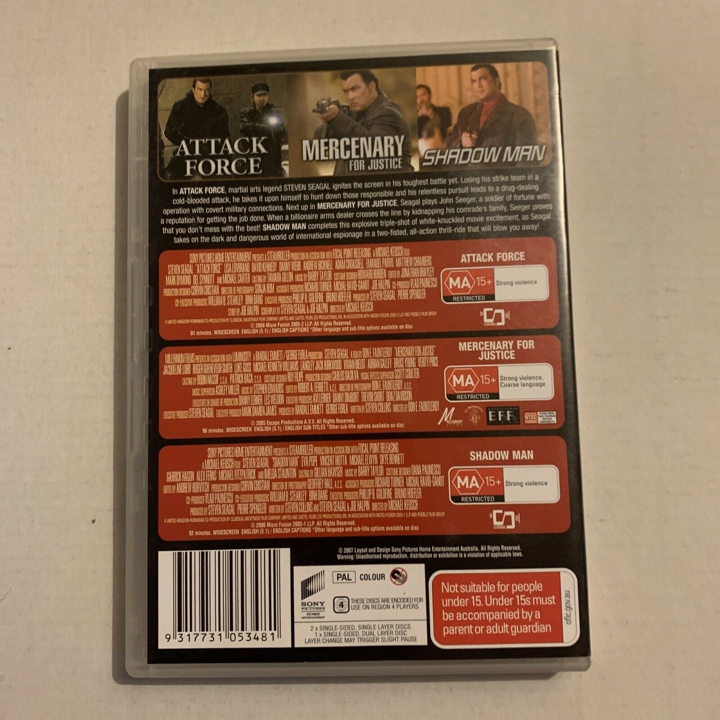 3x Movie Steven Seagal: Attack Force/ Mercenary for Justice/ Shadow Man (DVD)