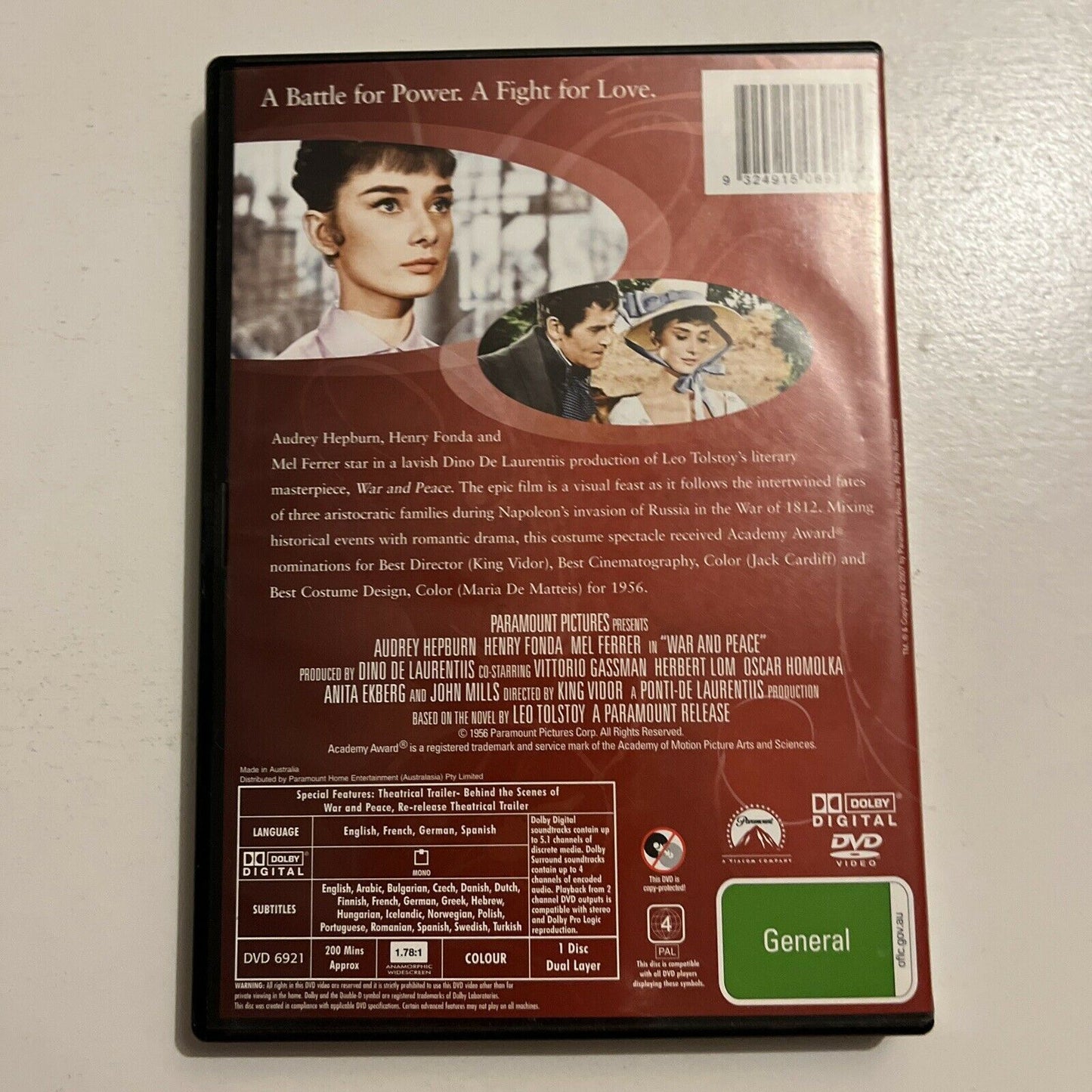 War And Peace (DVD, 1956) Audrey Hepburn, Henry Fonda. Region 4
