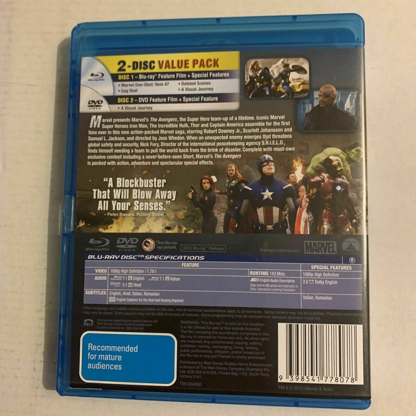 Marvel's: The Avengers (Bluray + DVD, 2012) Region B