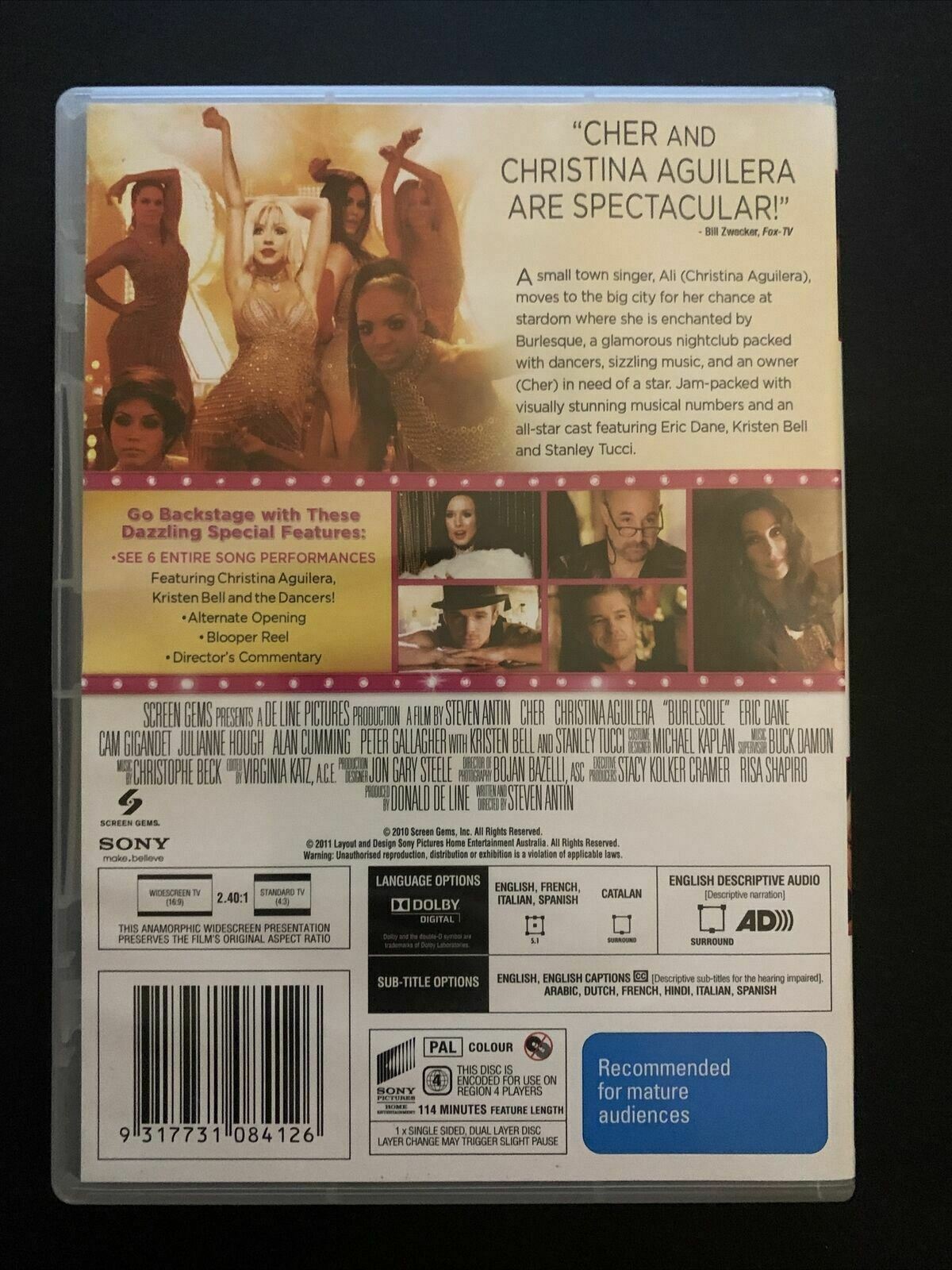 Burlesque (DVD, 2010) Christina Aguilera, Cher, Kristen Bell. Region 4